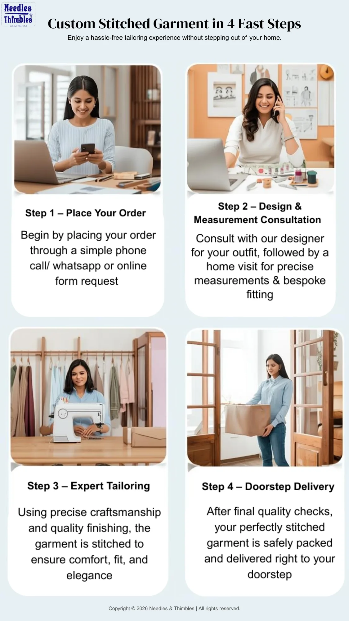 Doorstep tailoring service by Needles & Thimbles showing bespoke custom tailoring process from order to home delivery