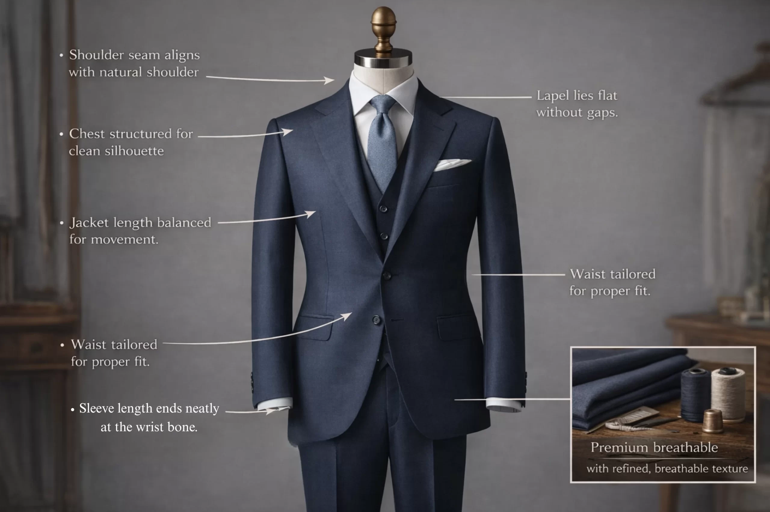 Perfect two-piece suit tailoring fit guide showing shoulder alignment, chest structure, sleeve length, and waist tailoring for custom suit stitching.
