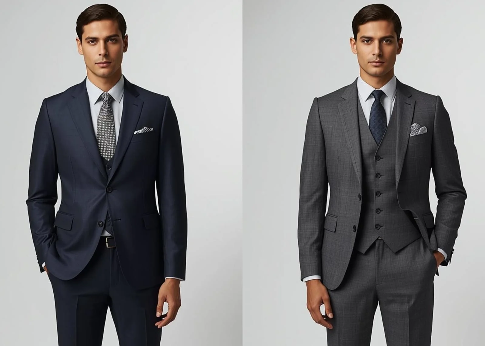 Winter wedding outfit ideas for Indian men featuring classic three-piece suits in navy and grey