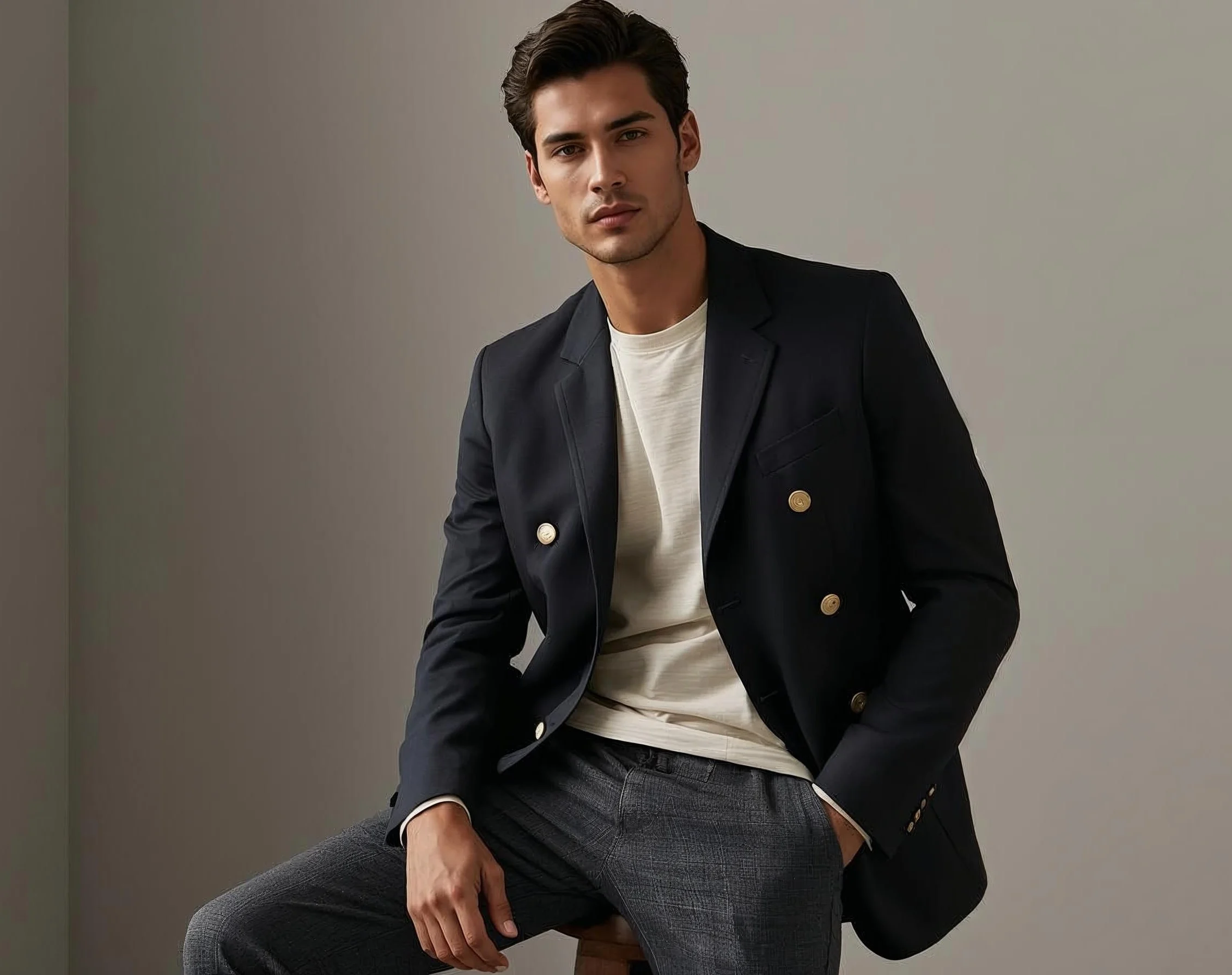 Blazer and coat comparison showing a men’s blazer styled casually with trousers and a t-shirt