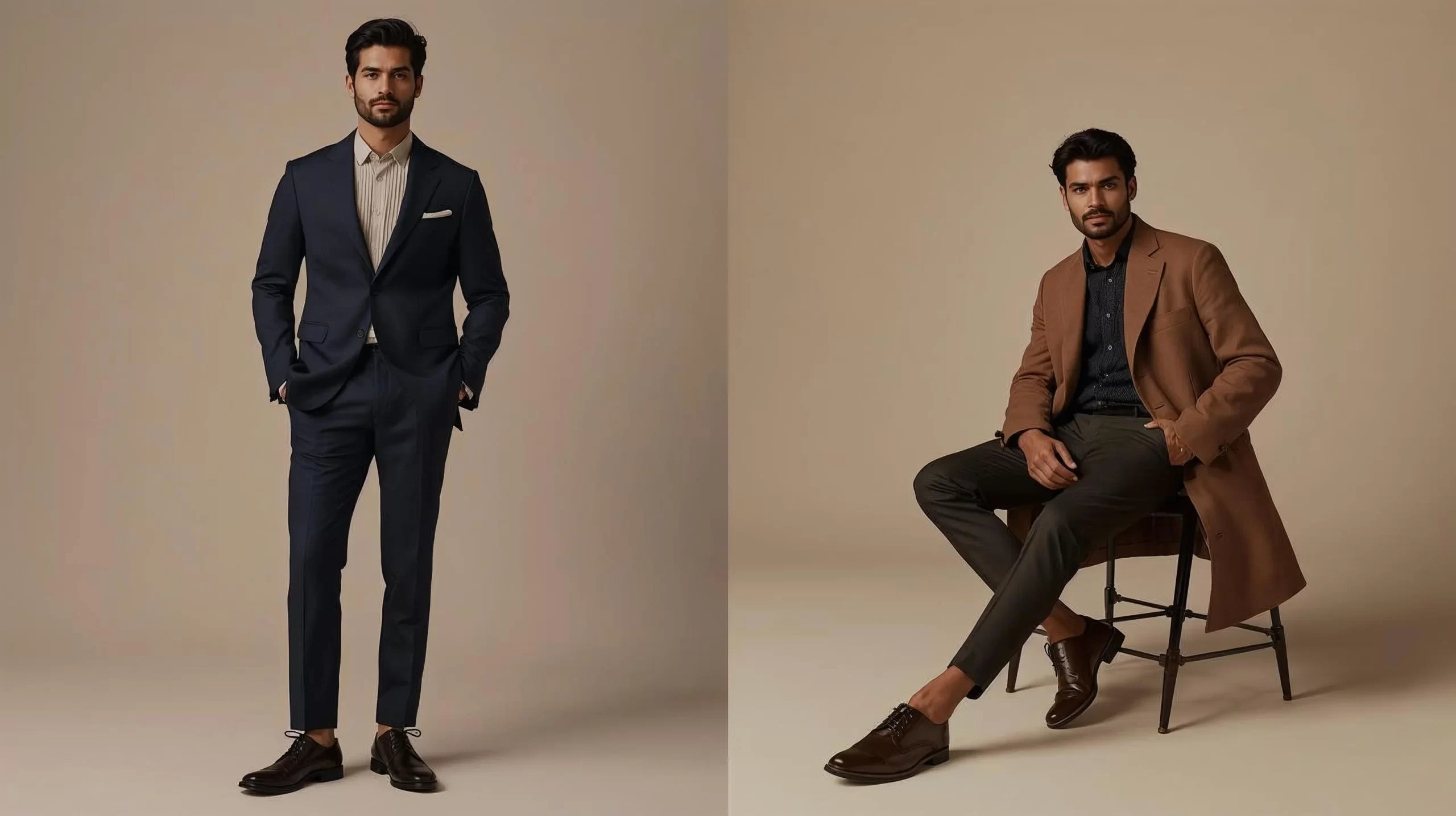 Blazer and coat styling for men showing a tailored blazer look and a layered winter coat outfit