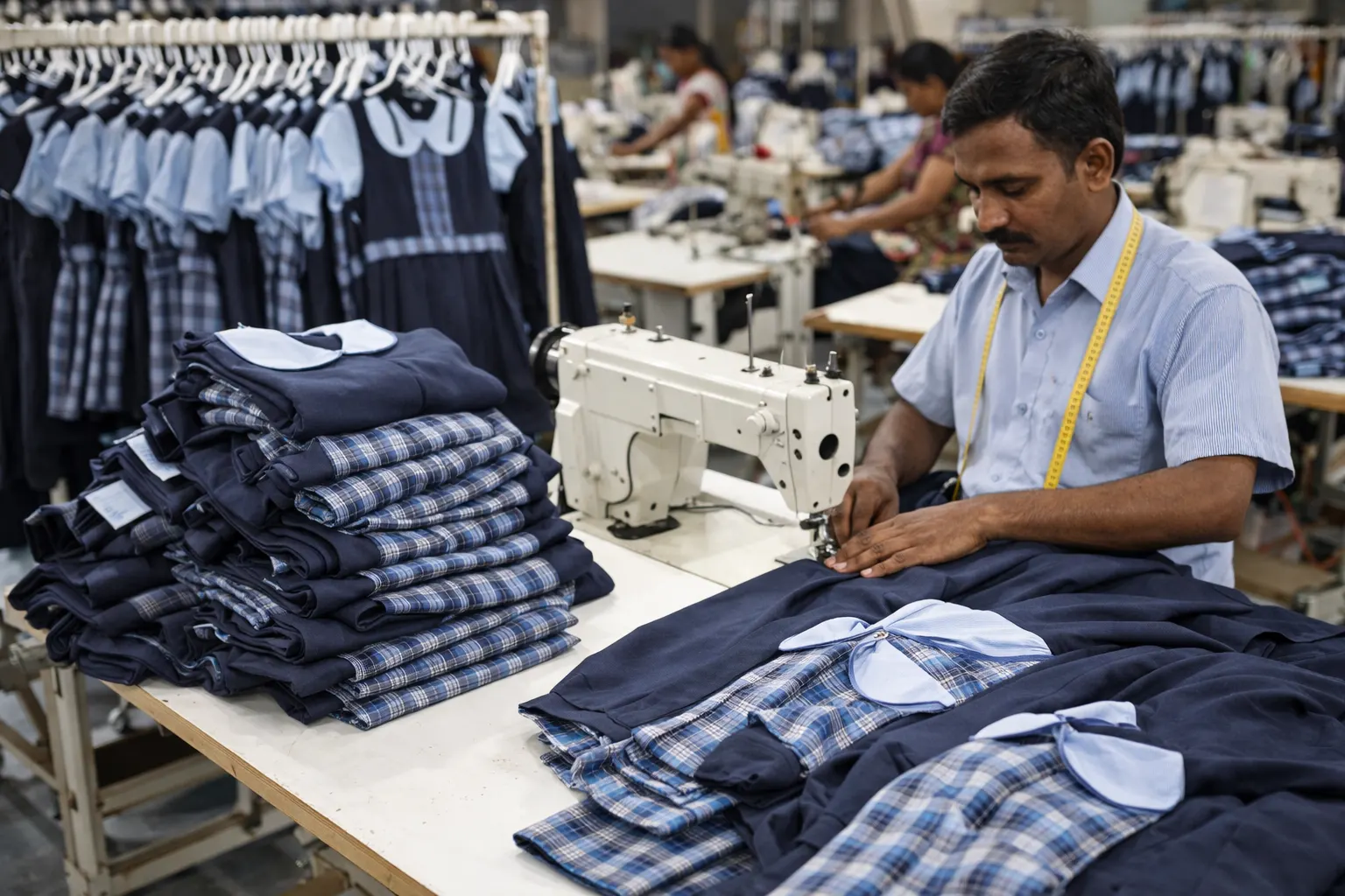 Bulk dress stitching for school uniforms in a professional garment unit with large-scale uniform production