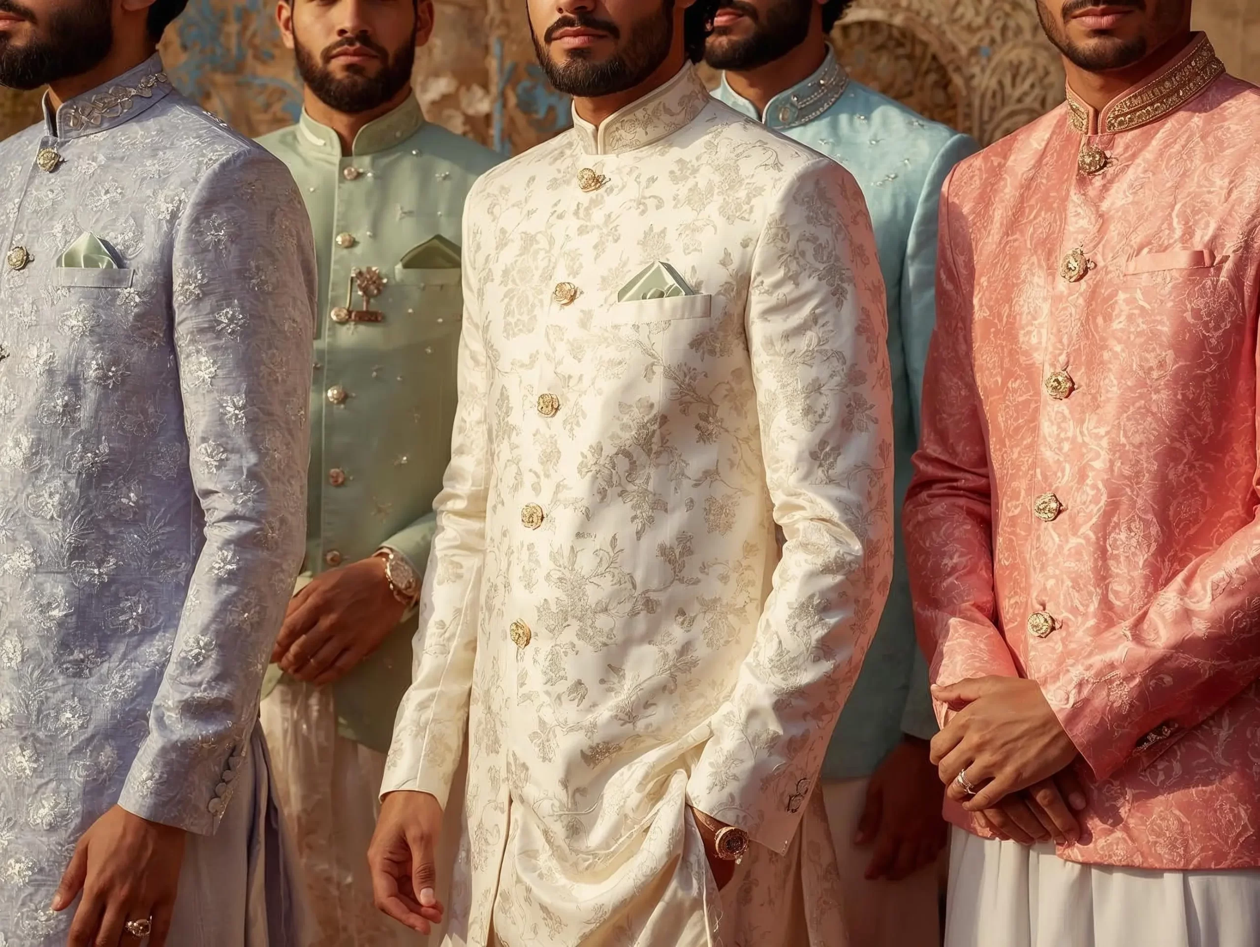 Pastel kurta outfits for men at Indian summer wedding featuring baby blue, mint green and ivory tones