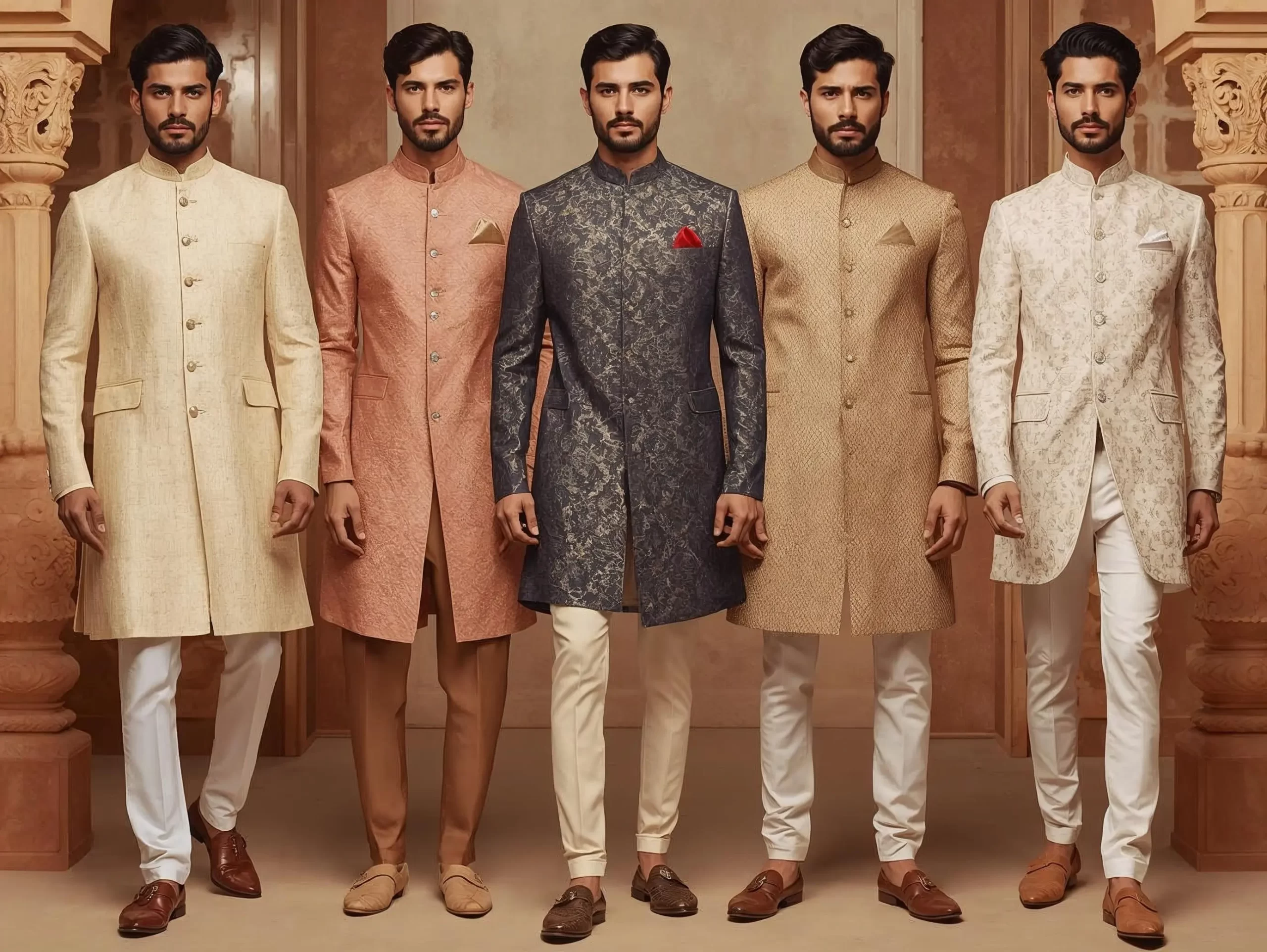Modern achkan outfits for men at Indian wedding featuring tailored cuts and contemporary designs