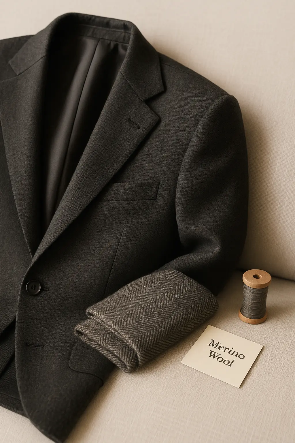 Premium charcoal wool blazer for men showcasing breathable all-weather wool fabric, ideal for custom suit tailoring in Delhi NCR and winter formal wear