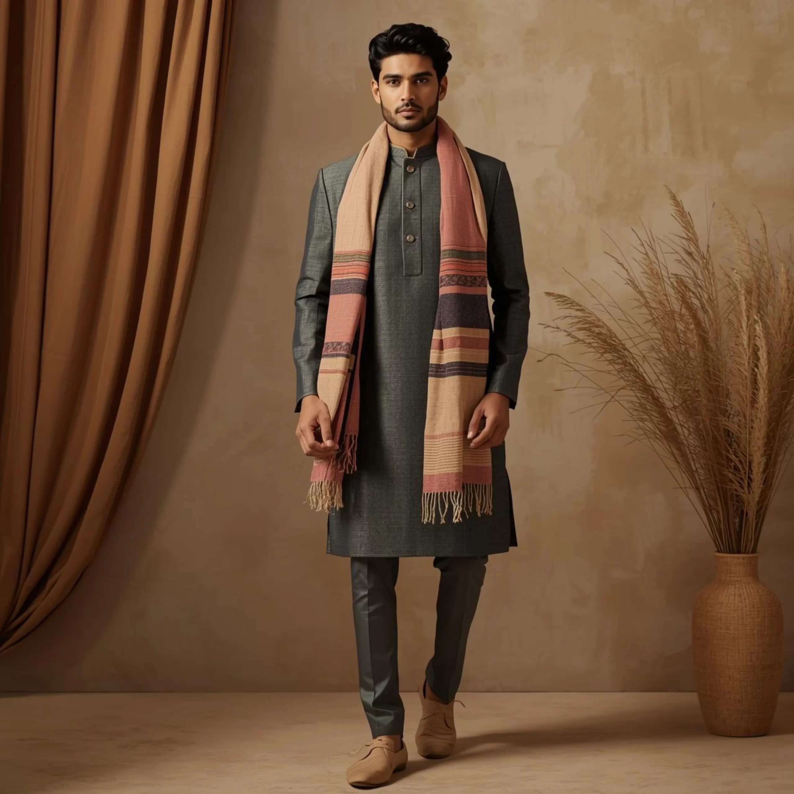 Winter wedding outfit ideas for Indian men featuring a kurta styled with a warm stole for layering
