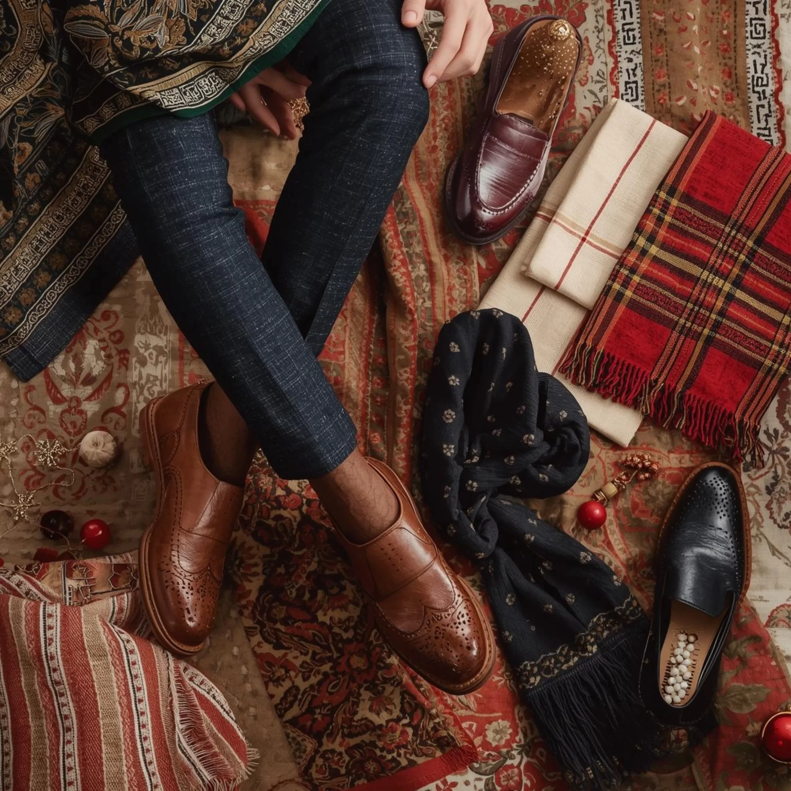 Winter wedding outfit ideas for Indian men featuring leather shoes, shawls and layered accessories