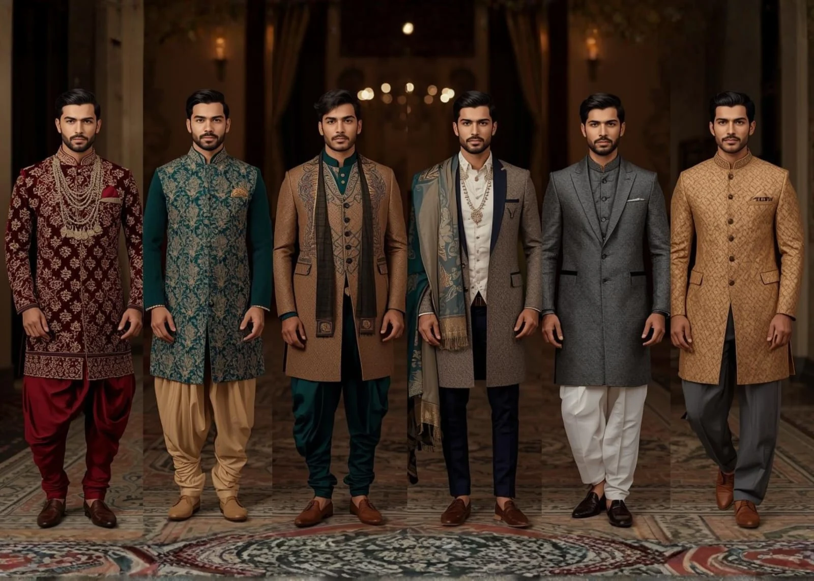 Winter wedding outfit ideas for Indian men showcasing sherwanis, achkans and layered Indo-western styles