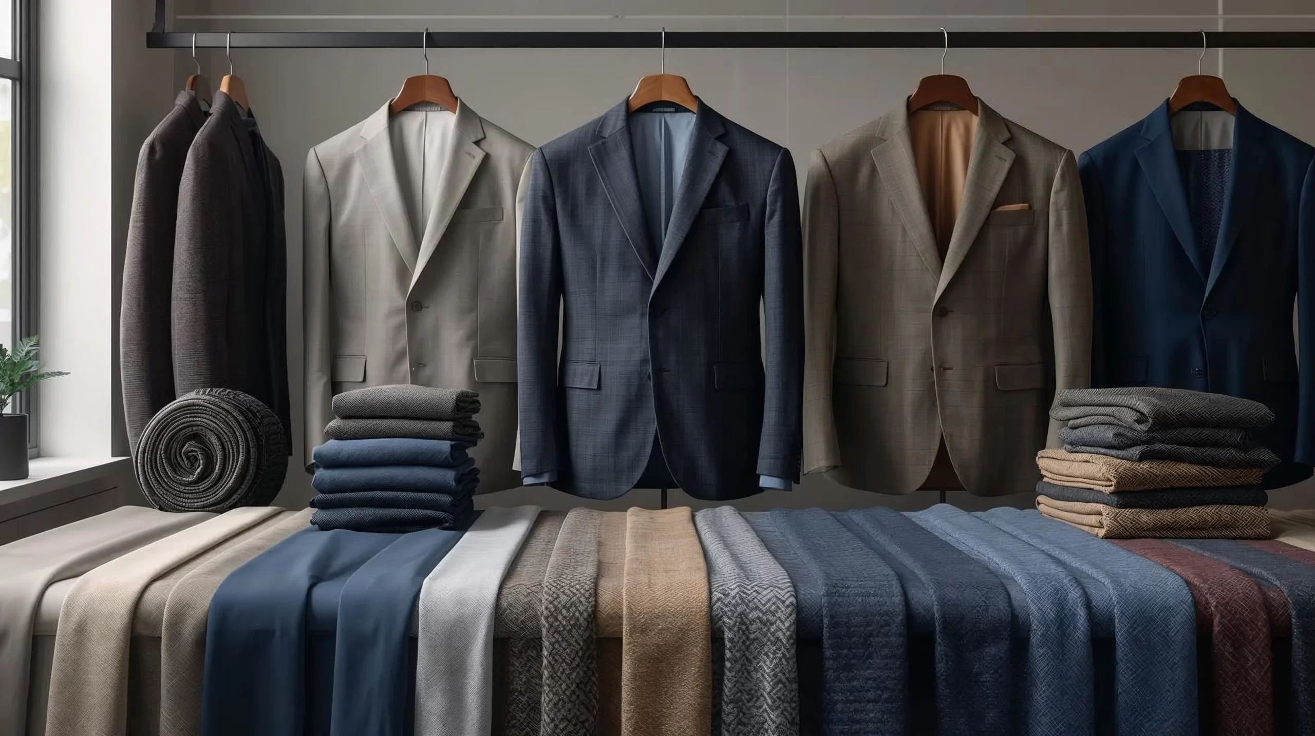 Men’s suit fabrics selection showcasing wool, linen and blended materials for custom tailoring
