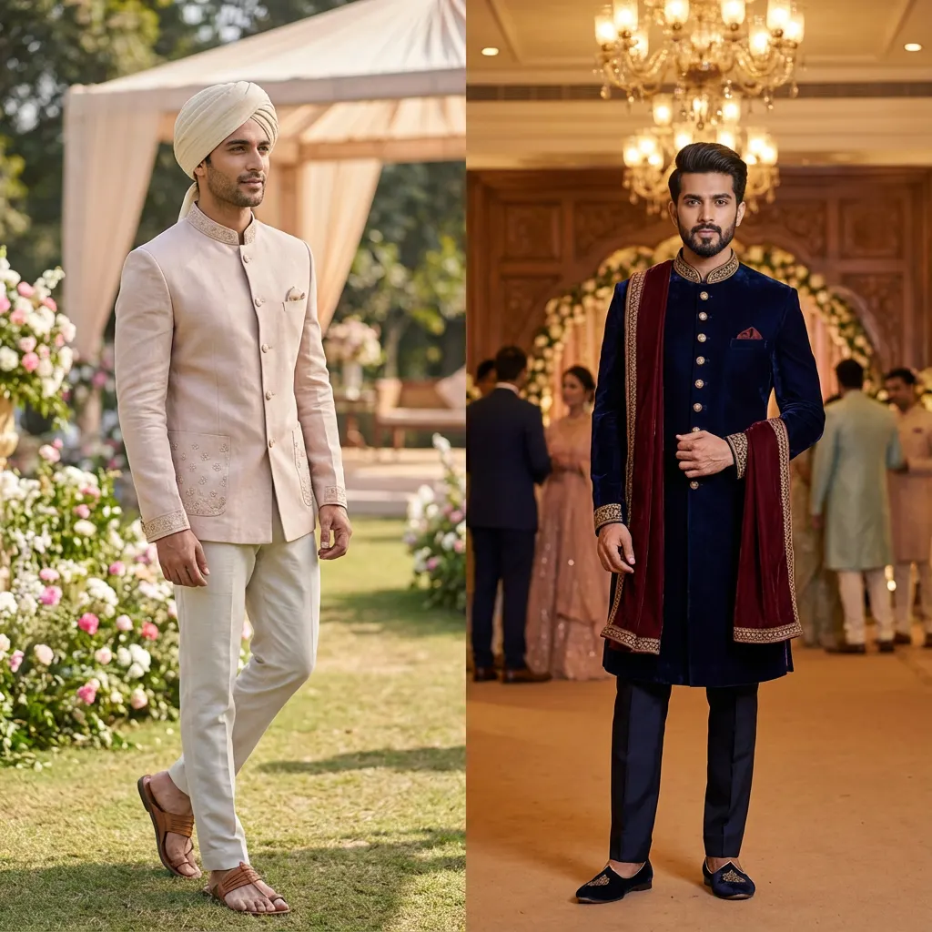 what to wear to a Day and night wedding outfit styling for men showing pastel daytime sherwani and rich evening sherwani looks