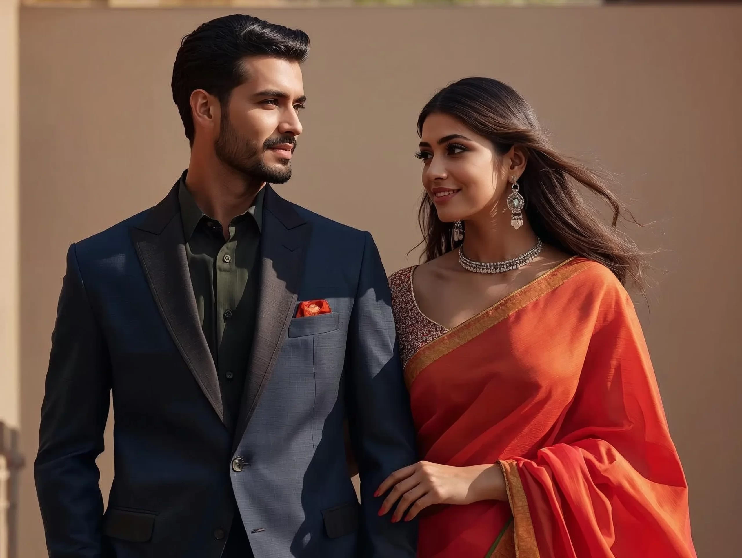 Wedding guest outfit for couples featuring a tailored men’s suit and an elegant saree for Indian weddings