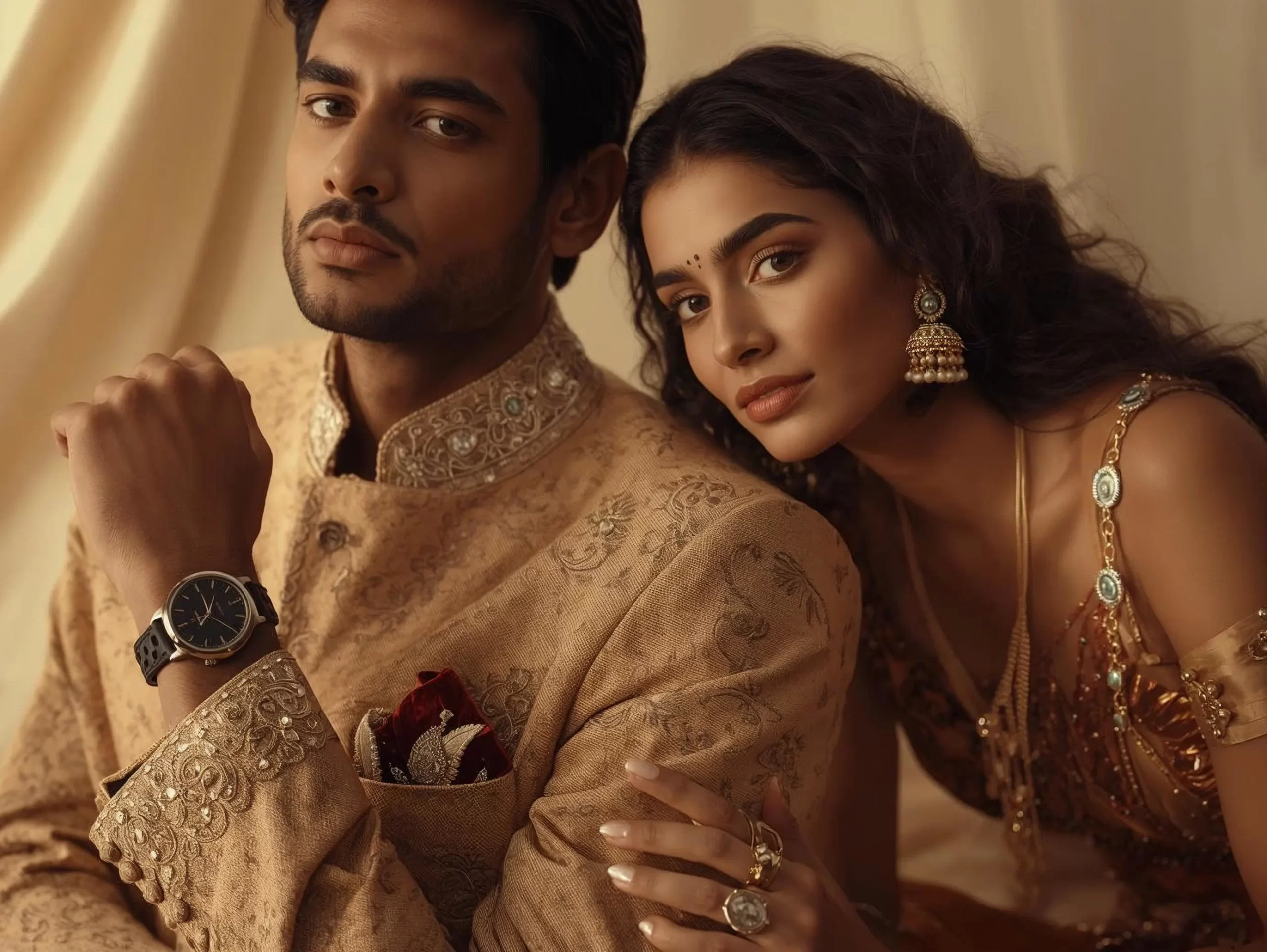 Wedding accessories for men and women featuring mojris, watches, statement jewellery, and elegant styling for Indian celebrations