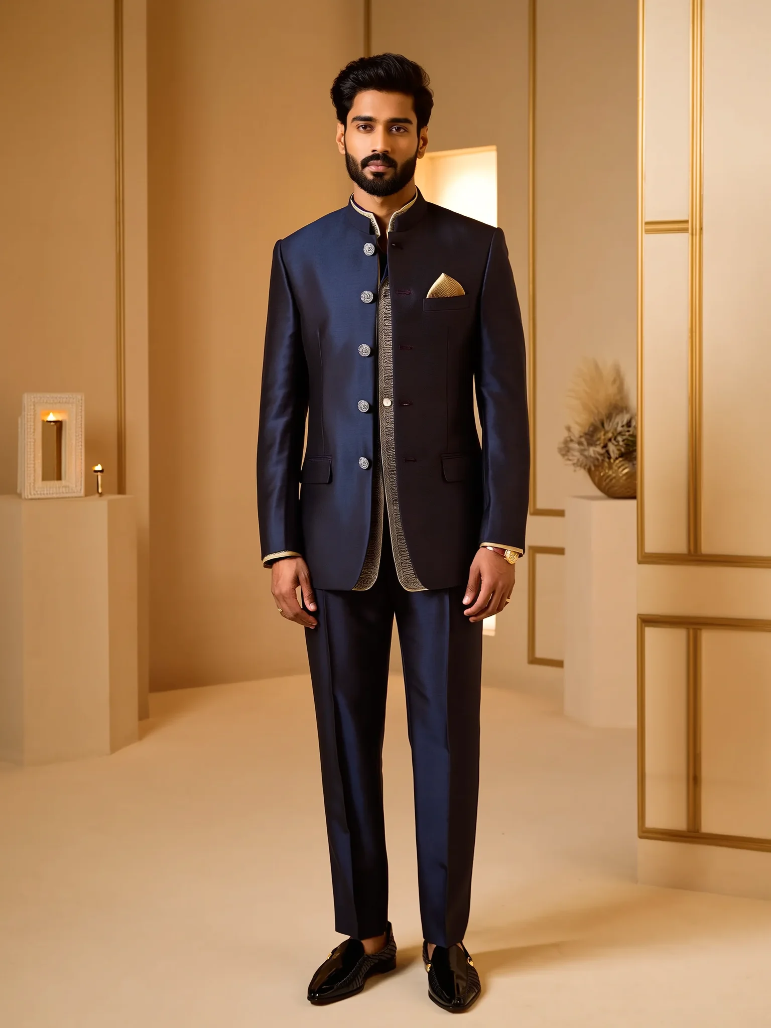 Bandhgala outfit for Indian men styled with tailored trousers, ideal for night wedding receptions and cocktail functions