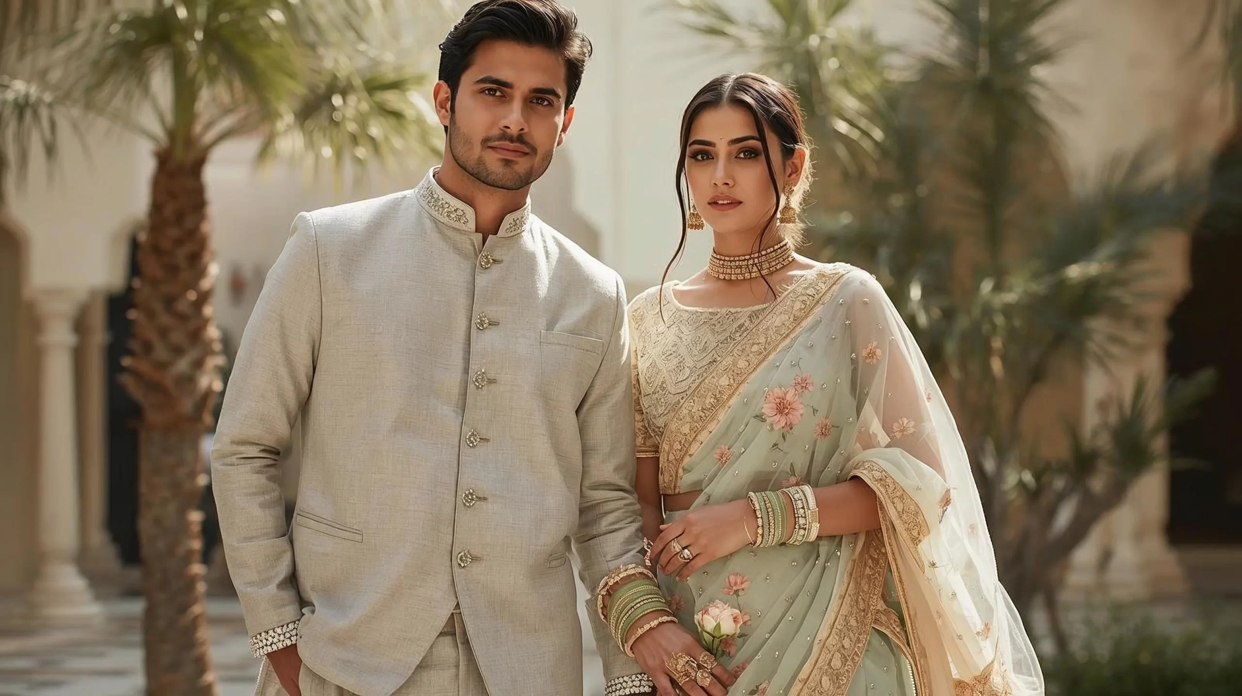 Elegant Indian couple wearing coordinated day wedding guest outfits in pastel tones with refined ethnic styling