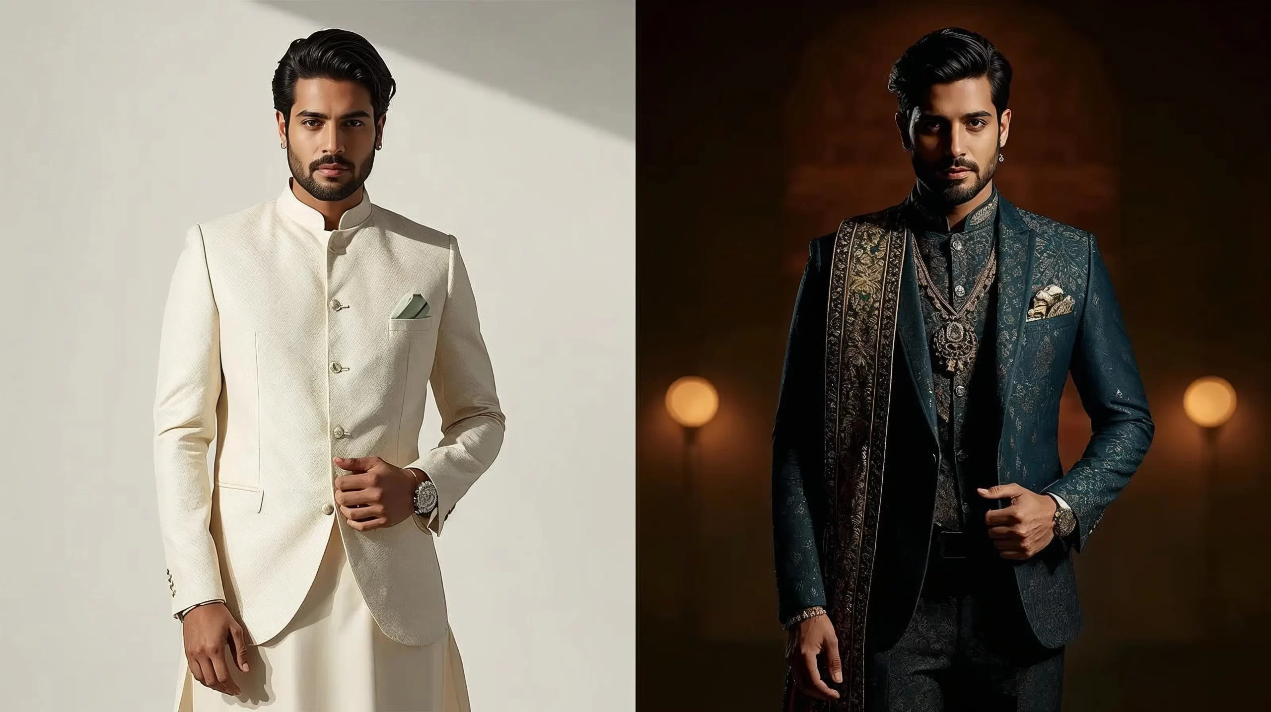 Day vs night wedding outfits for Indian men showing light daytime attire and rich evening wedding wear