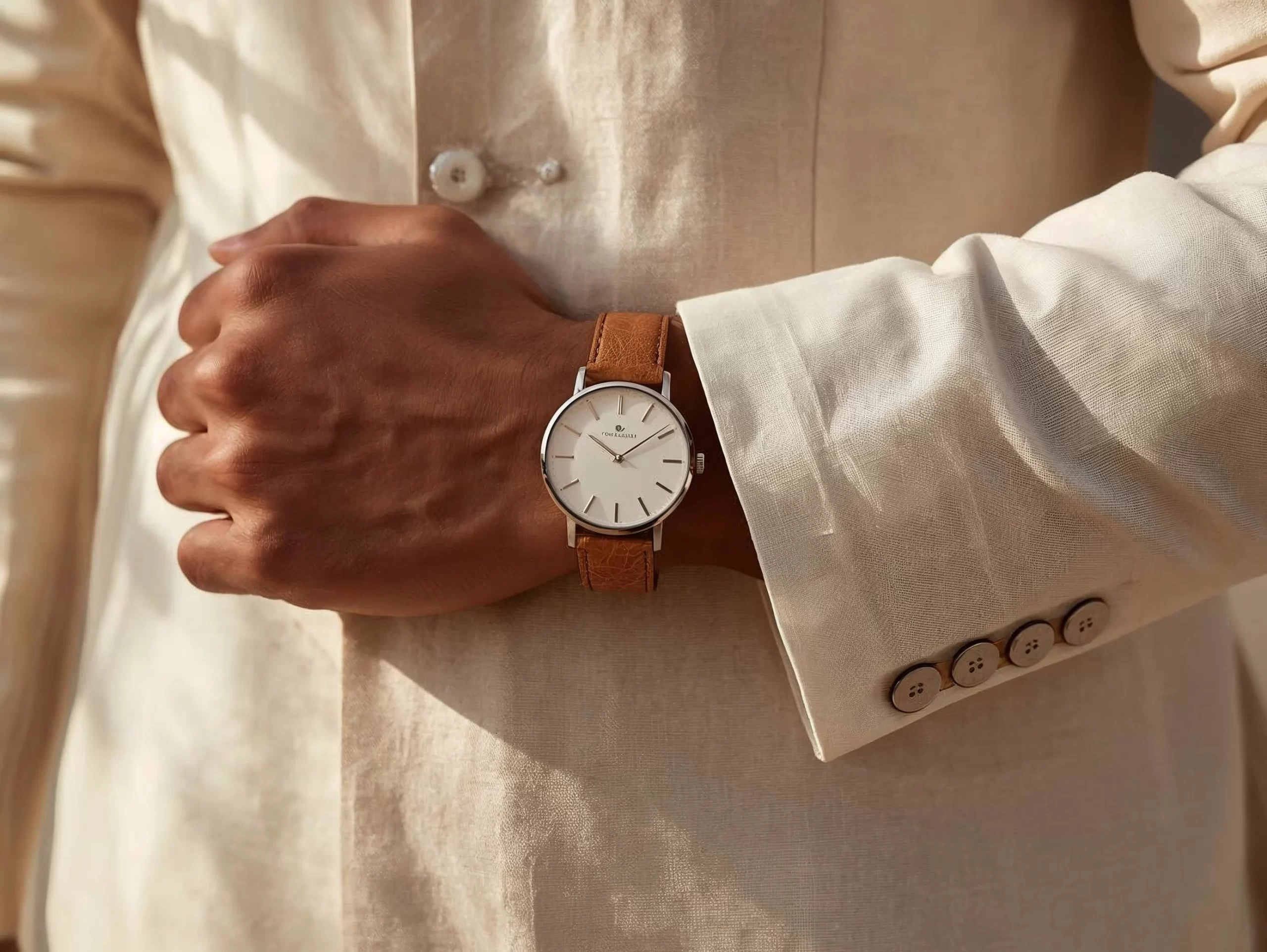 Minimal slim-dial watch with leather strap as summer wedding accessories for men for refined ethnic outfits