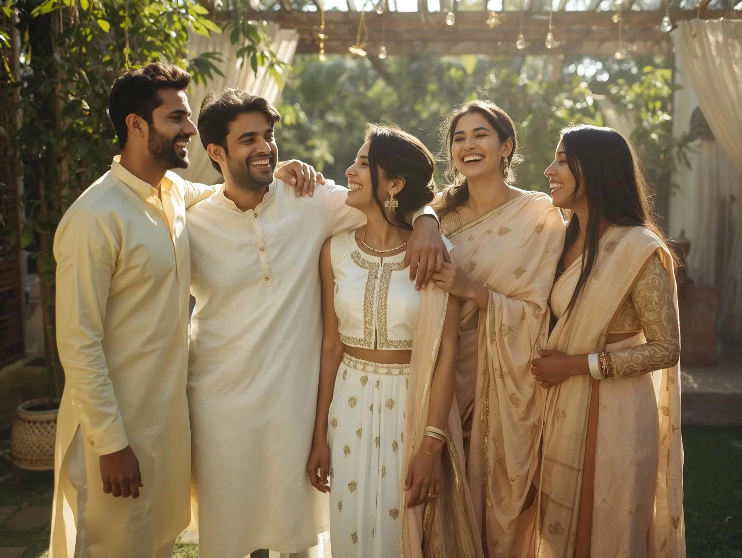 Haldi event at an Indian wedding featuring family and friends dressed in light pastel ethnic outfits during a daytime ceremony
