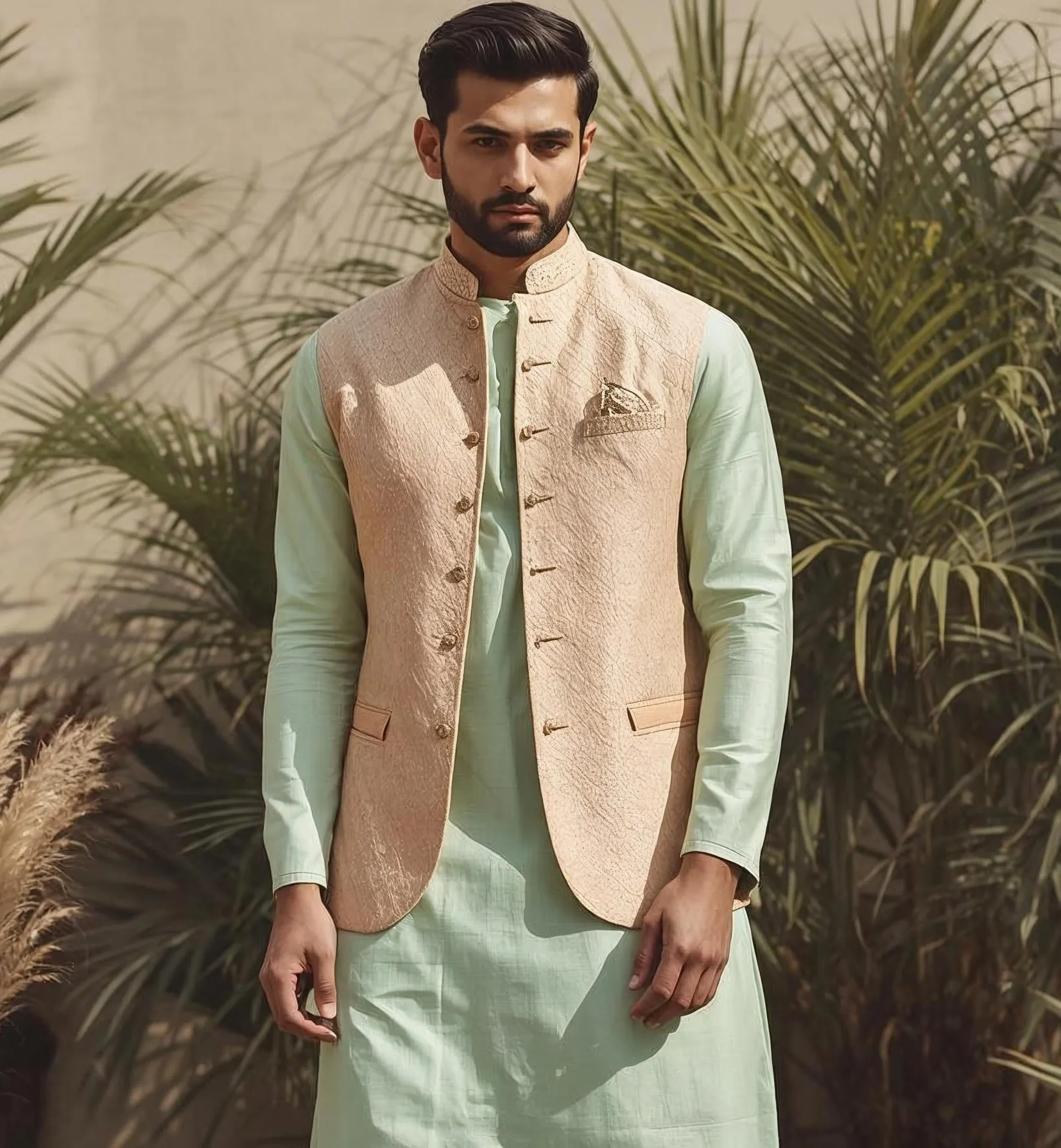Day wedding outfit for men featuring kurta pajama with lightweight Nehru jacket in ivory pastel tones