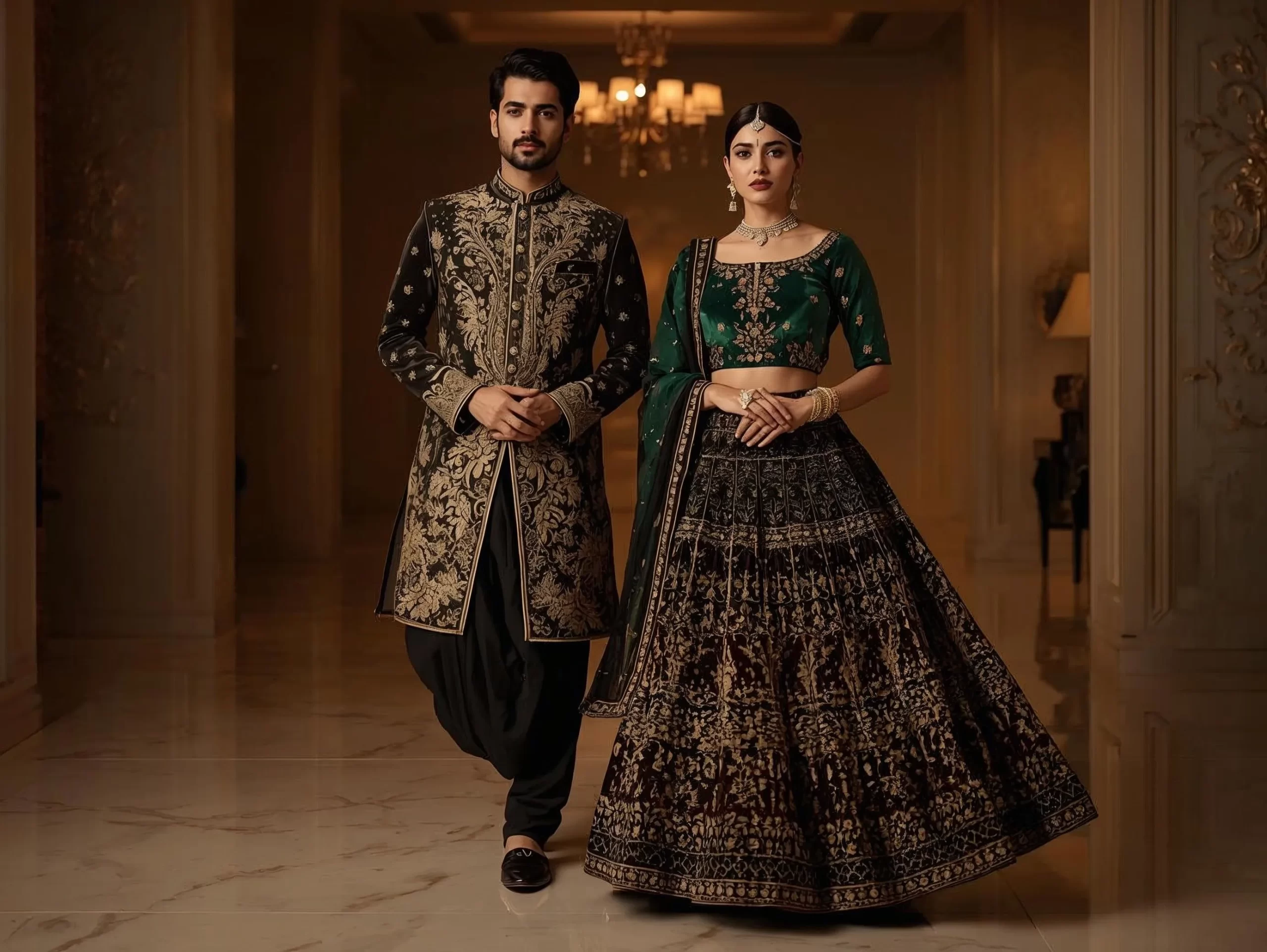 Night wedding outfits for Indian couples featuring an embroidered sherwani and a heavily detailed lehenga for elegant evening weddings