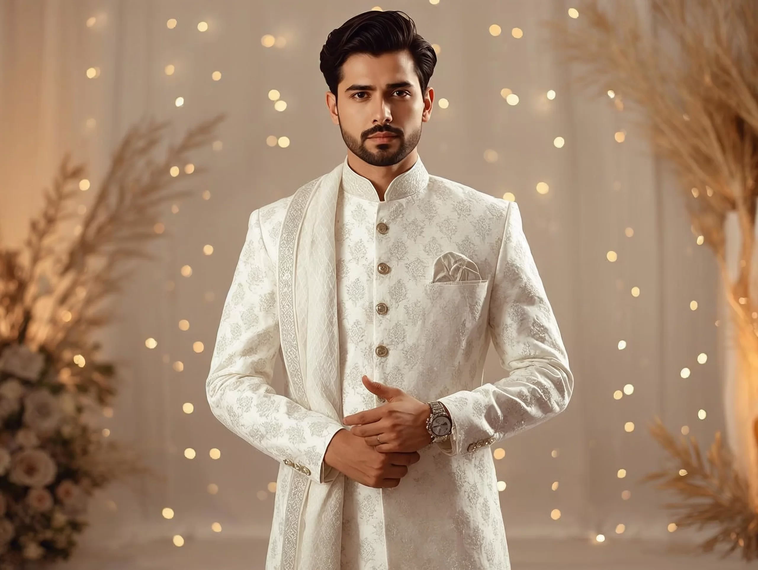 Mens ethnic wear featuring an Indian groom in an ivory embroidered sherwani styled for a wedding ceremony.