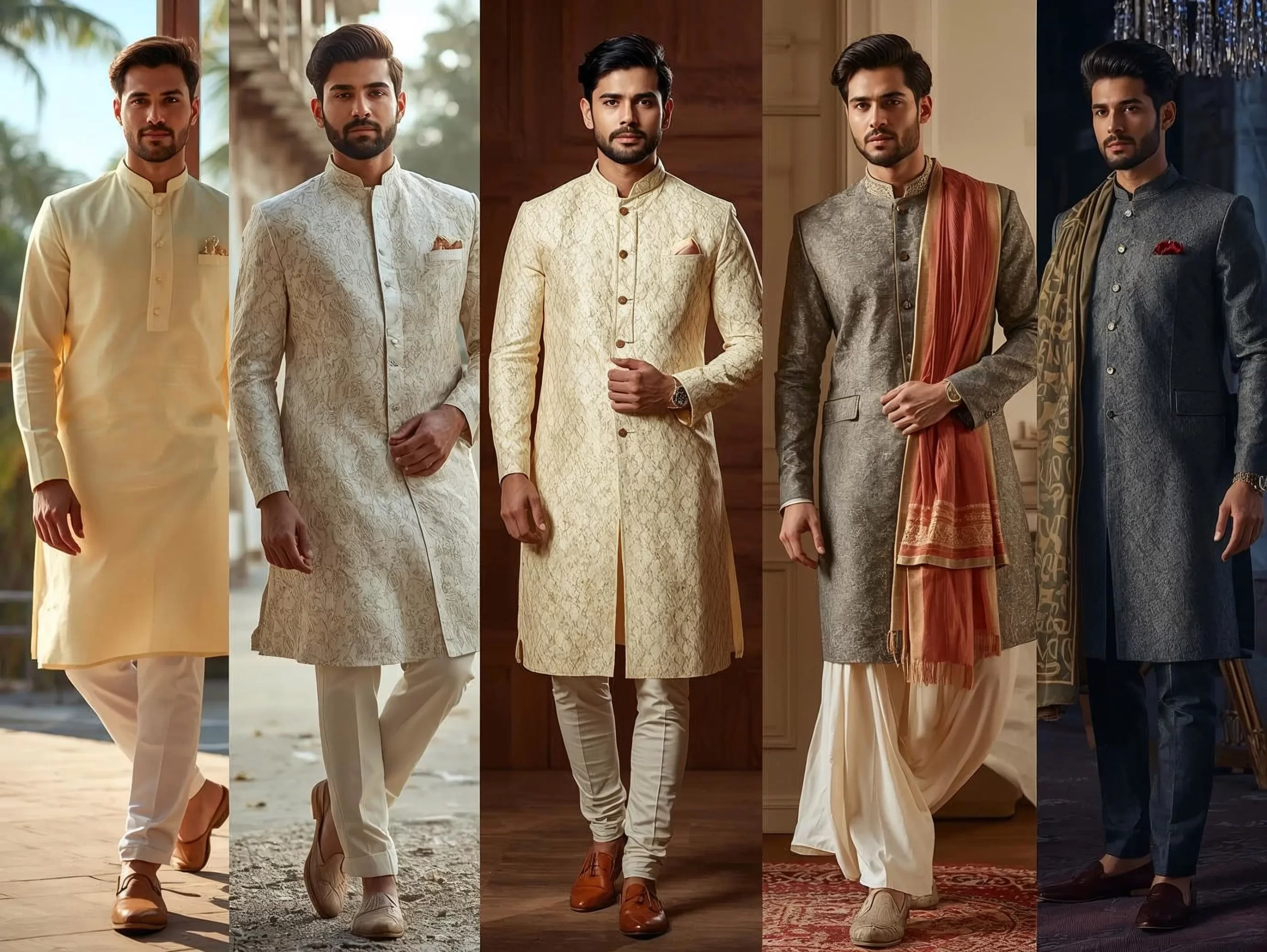 Mens ethnic wear styles for Indian grooms featuring sherwanis and Indo-western outfits for different wedding functions.