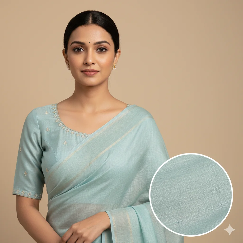 Indian woman wearing light blue saree with custom tailored raw silk fabric blouse and elegant fit