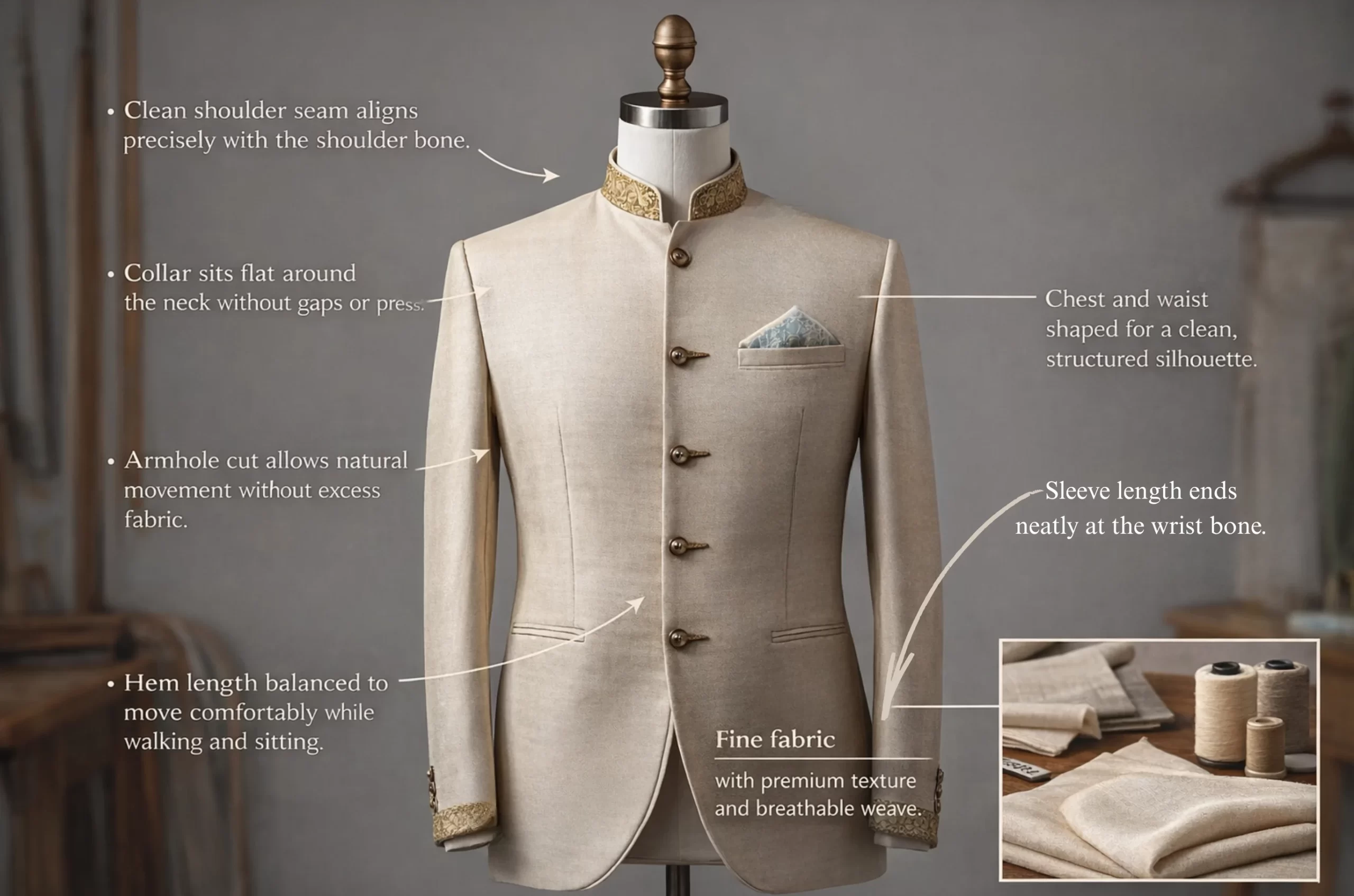 Perfect fit sherwani highlighting tailoring details like shoulder seam, collar fit, sleeve length, and structured silhouette.