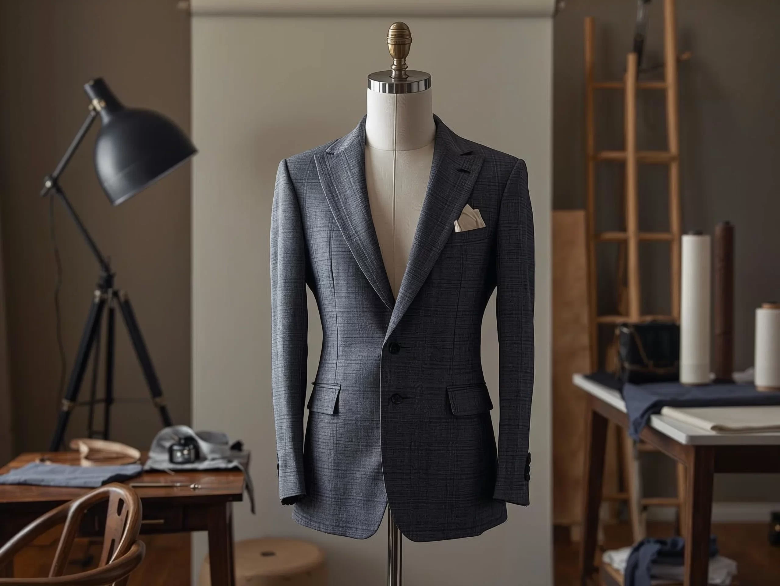 Dark grey bespoke men’s blazer displayed on mannequin inside a luxury tailoring studio, showcasing custom tailoring craftsmanship and structured fit