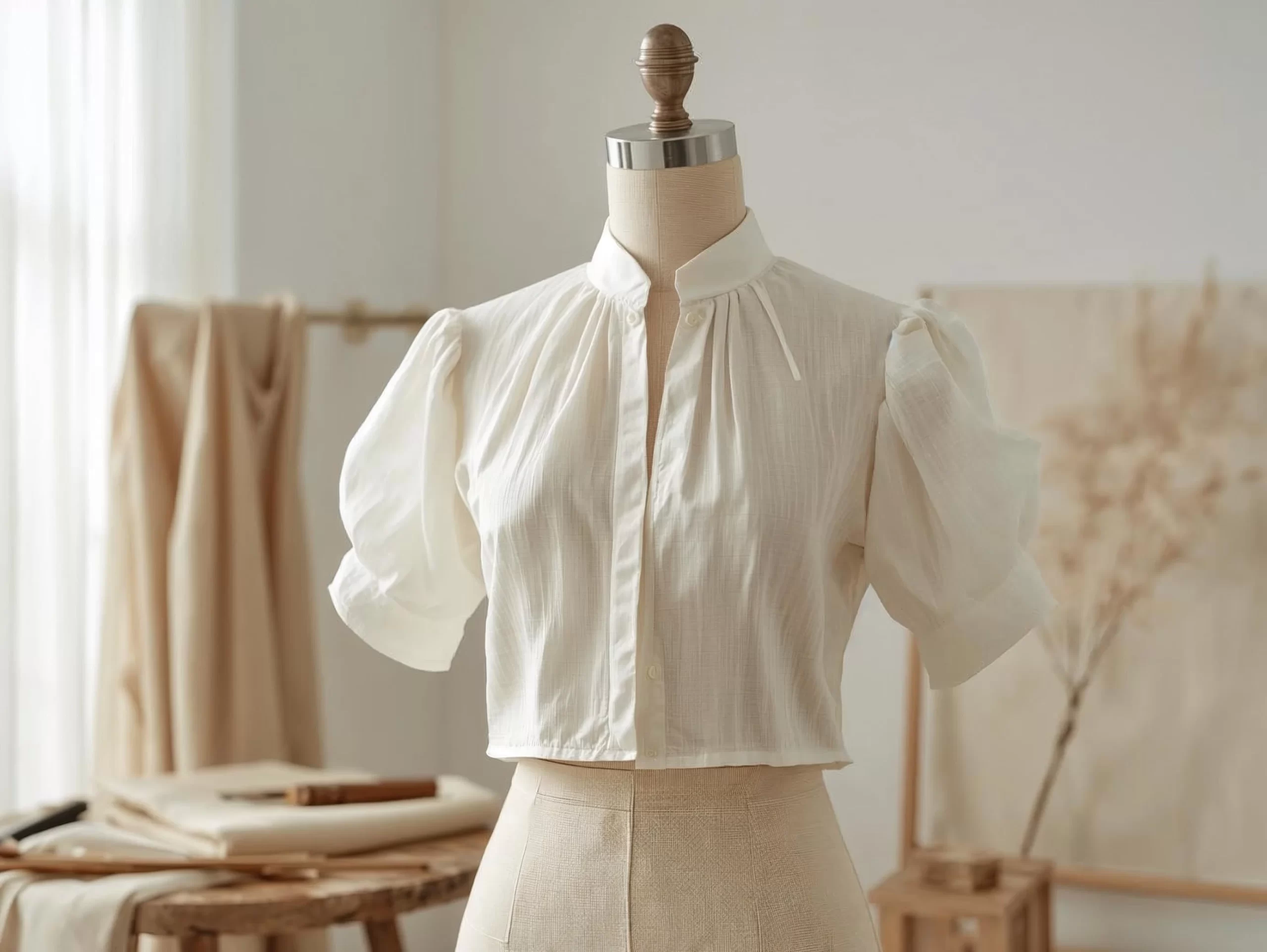 White linen as the best blouse fabrics for summer with puff sleeves displayed on mannequin for breathable hot weather styling