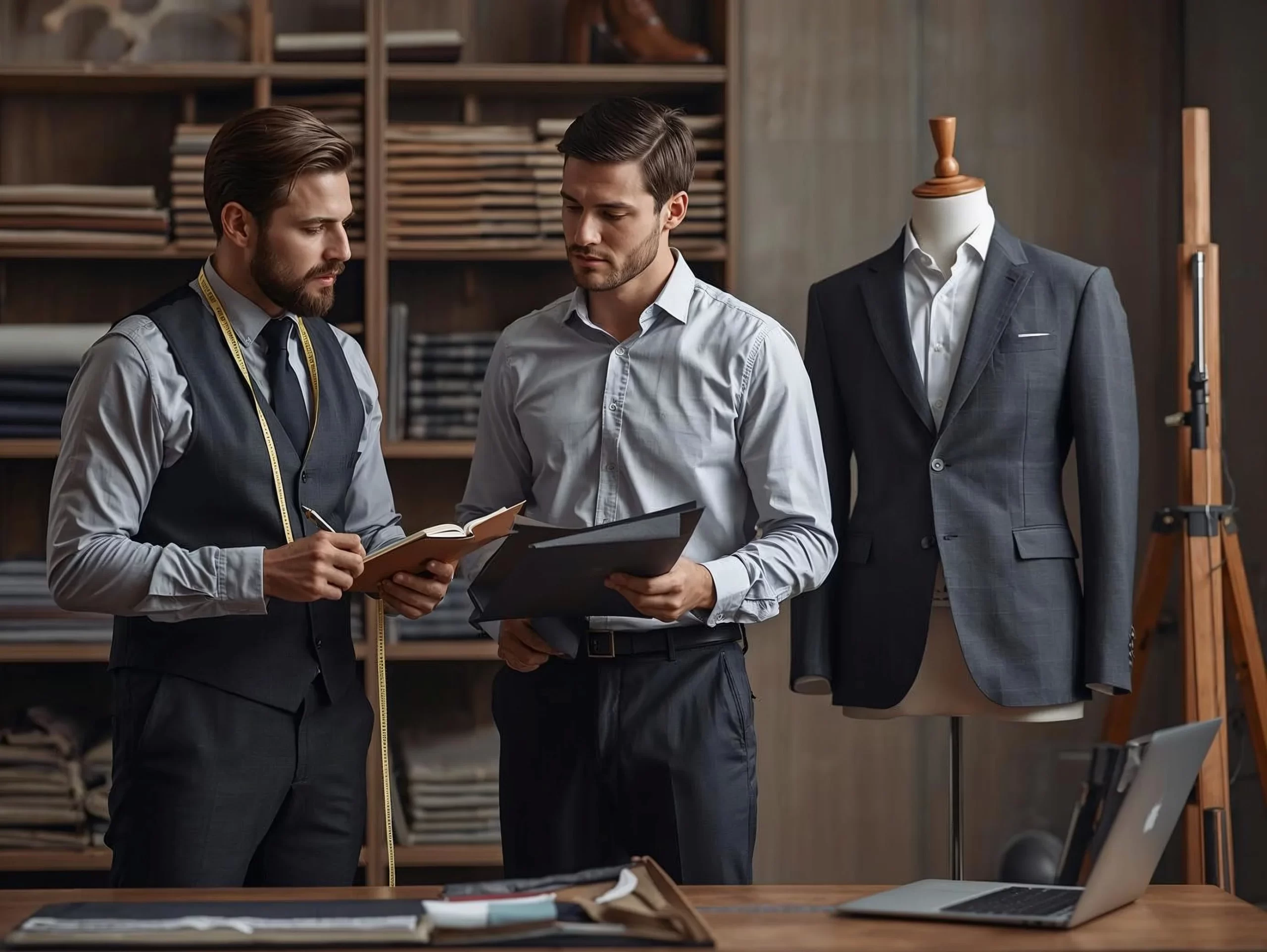 Tailor and client discussing measurements and fabric options during a bespoke custom tailoring consultation inside a professional suit studio with custom blazer on mannequin
