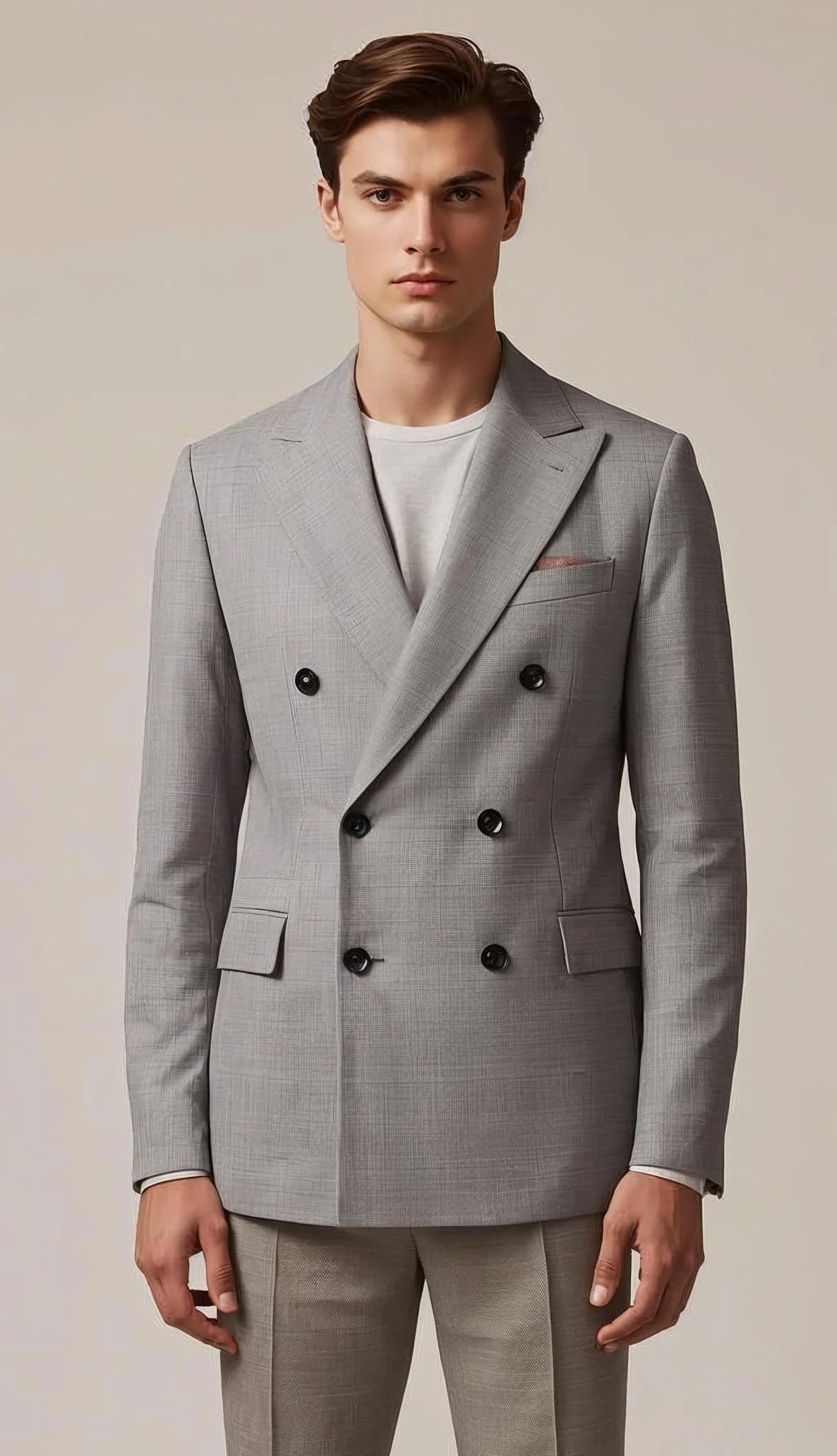 Double-breasted grey two-piece suit tailoring blazer with peak lapels and structured tailored fit for formal menswear