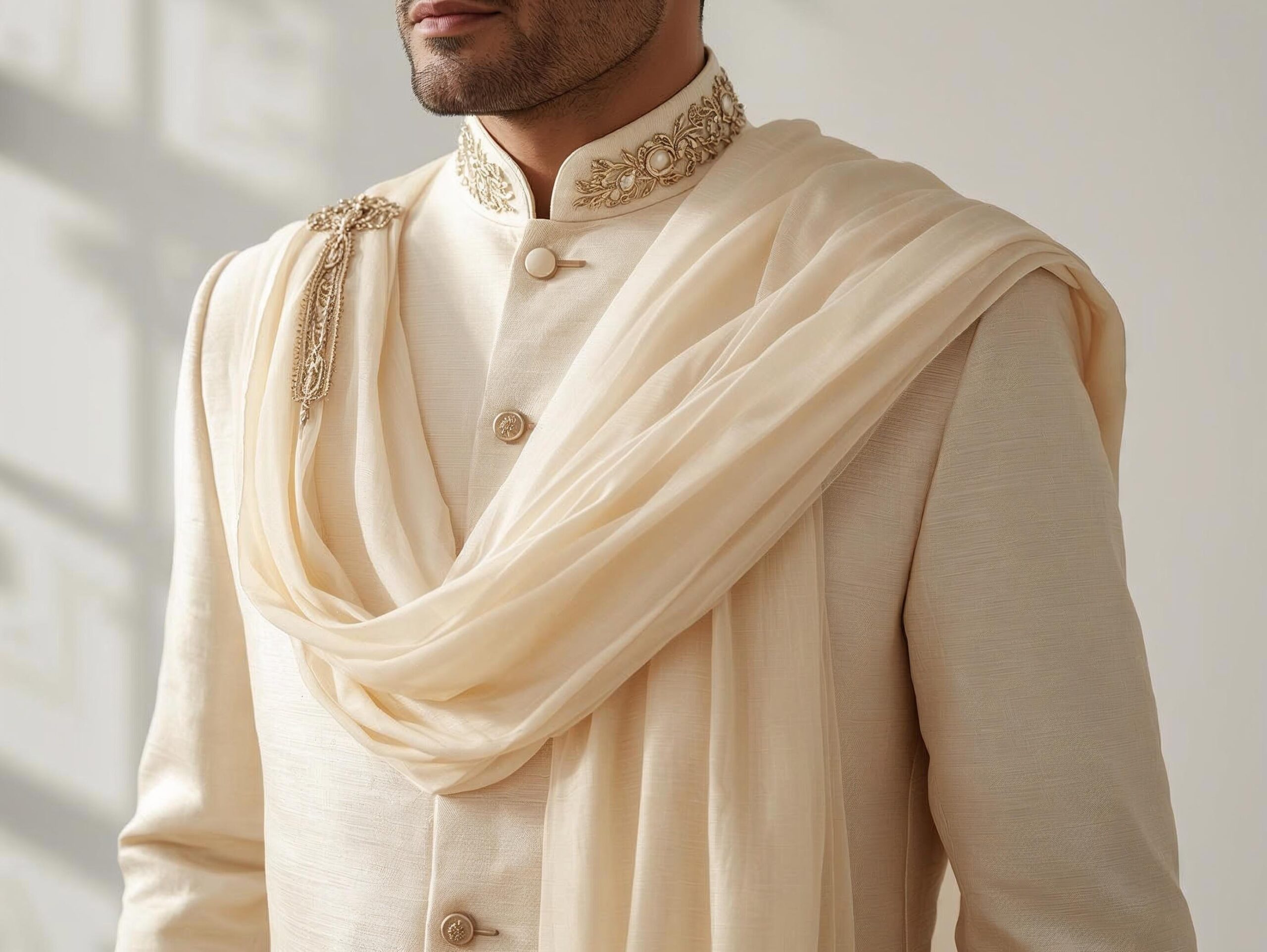 Cream sherwani with dupatta stole and brooch as summer wedding accessories for men in India