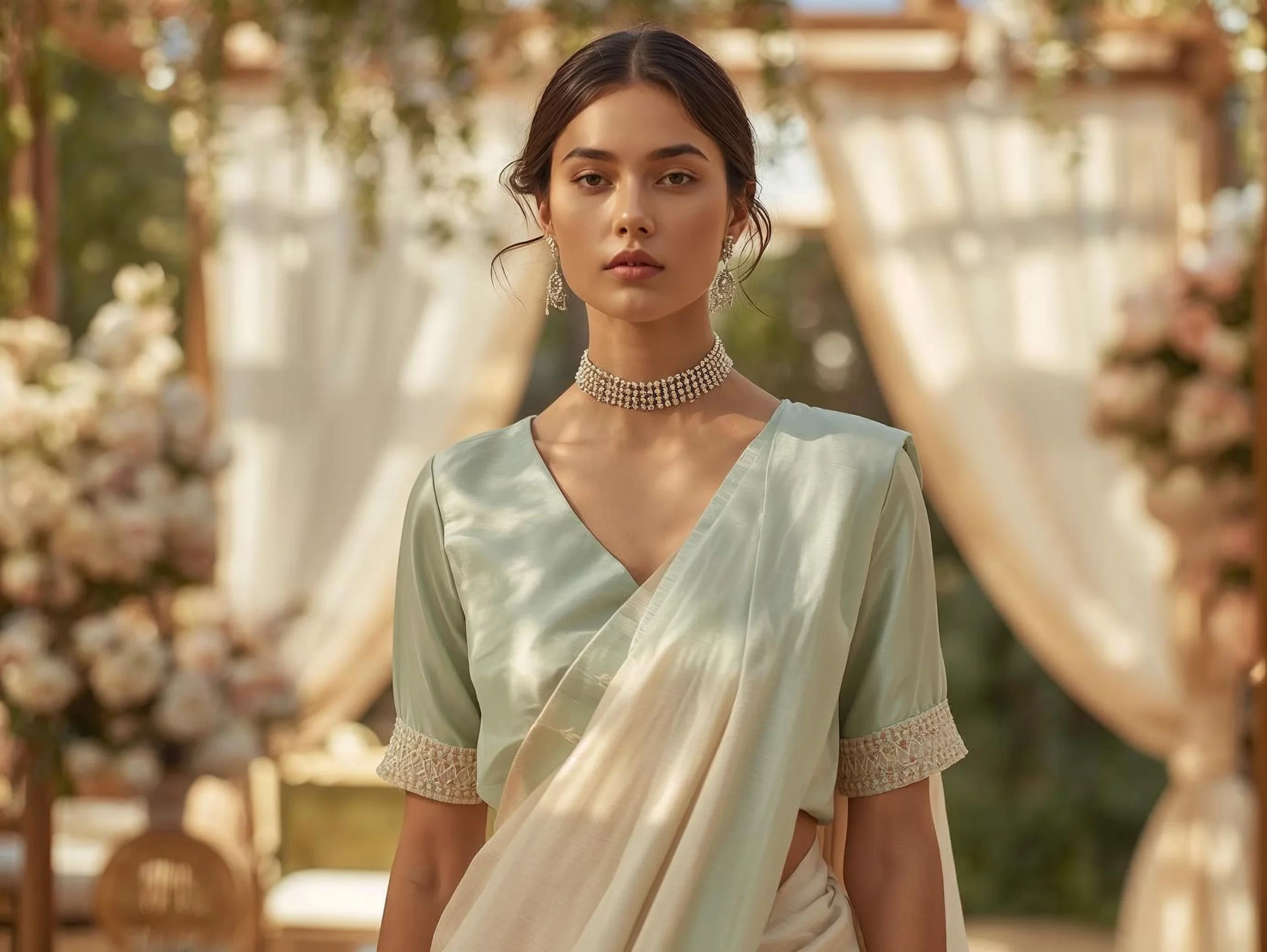 Indian woman wearing designer saree with custom tailored georgette fabric blouse for wedding