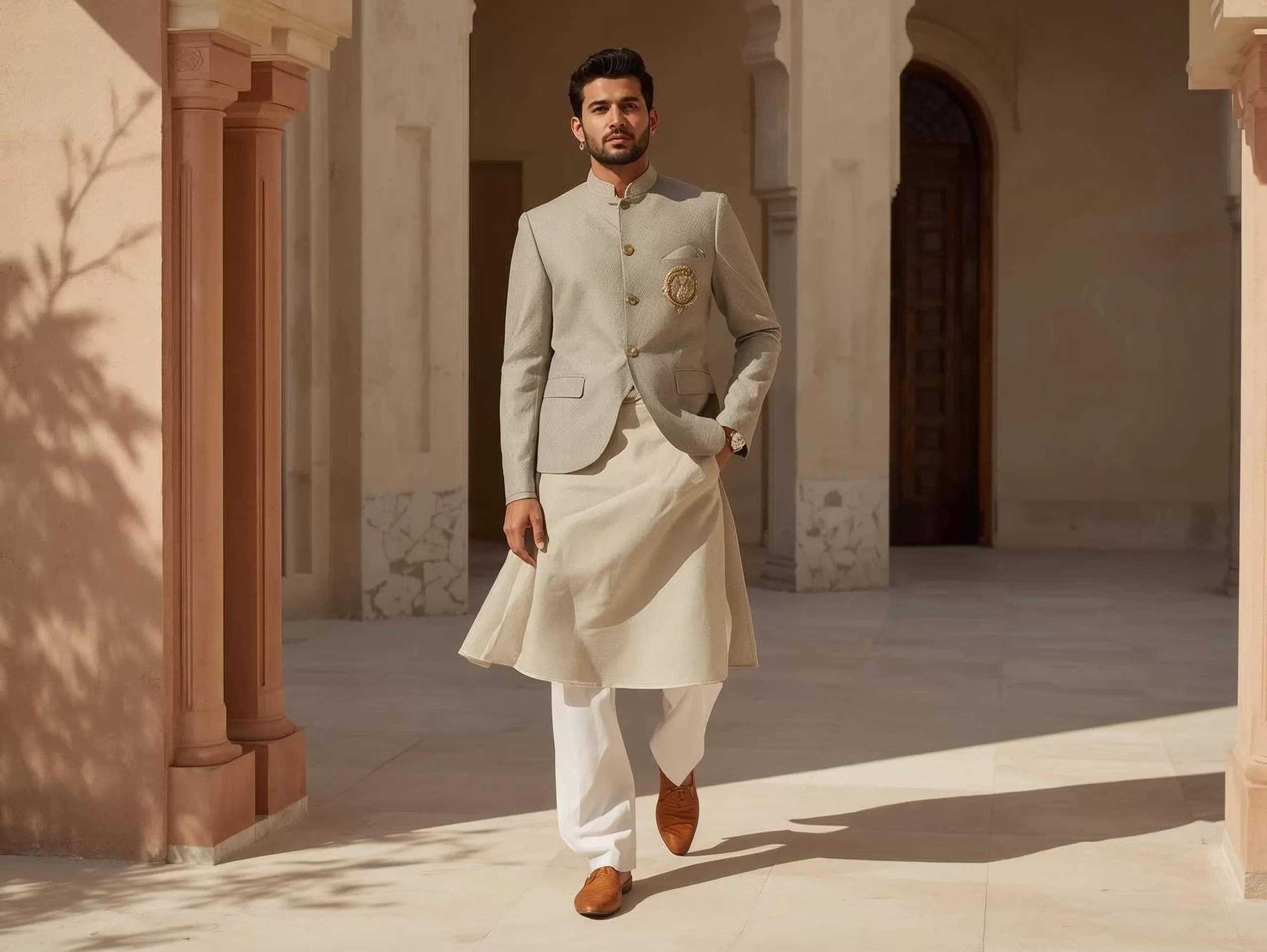 Mens ethnic wear featuring a modern Indian groom in a lightweight Indo-western outfit for a wedding ceremony.