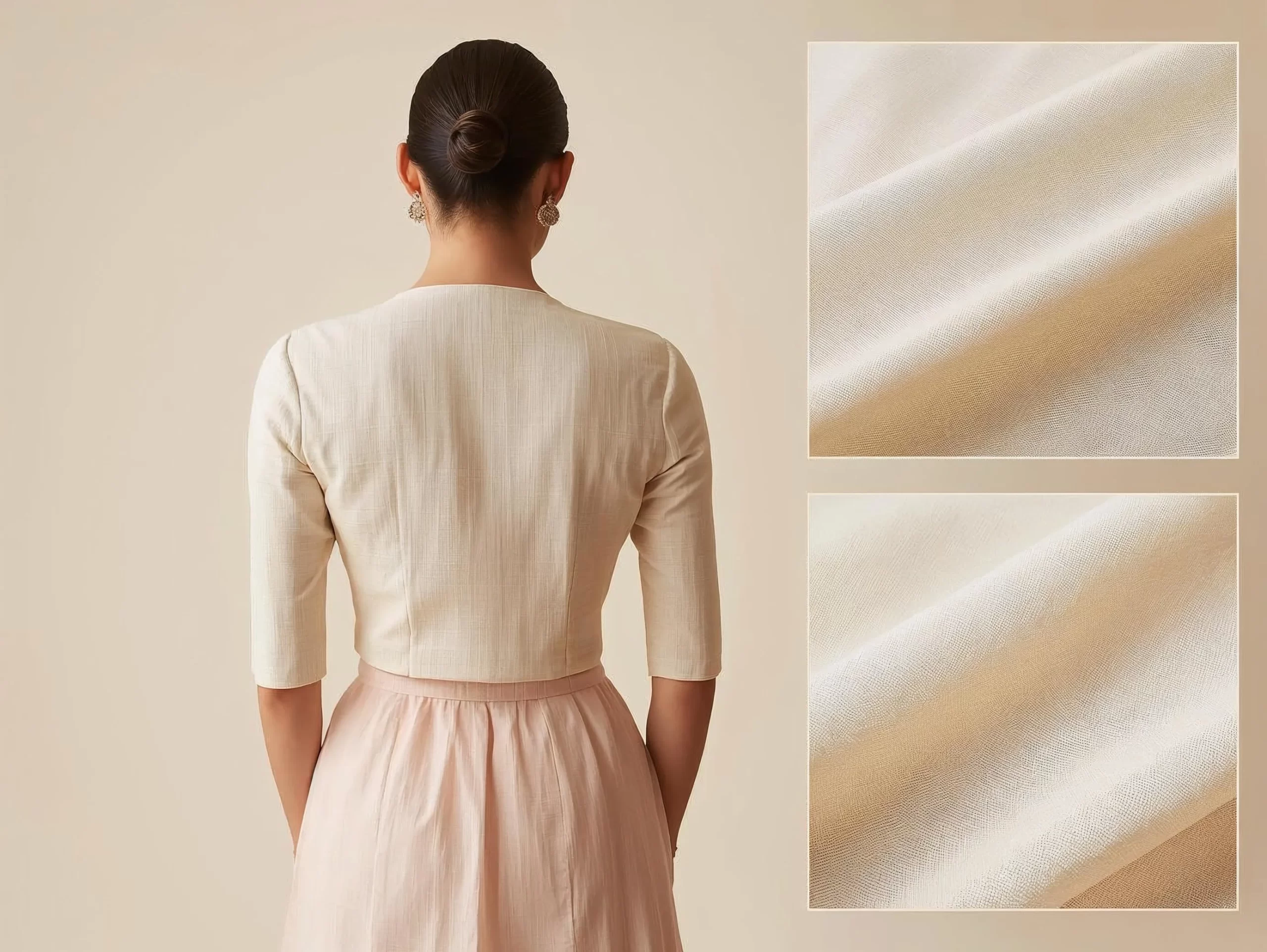 Back view of linen fabric blouse showing clean tailoring fit and breathable natural texture