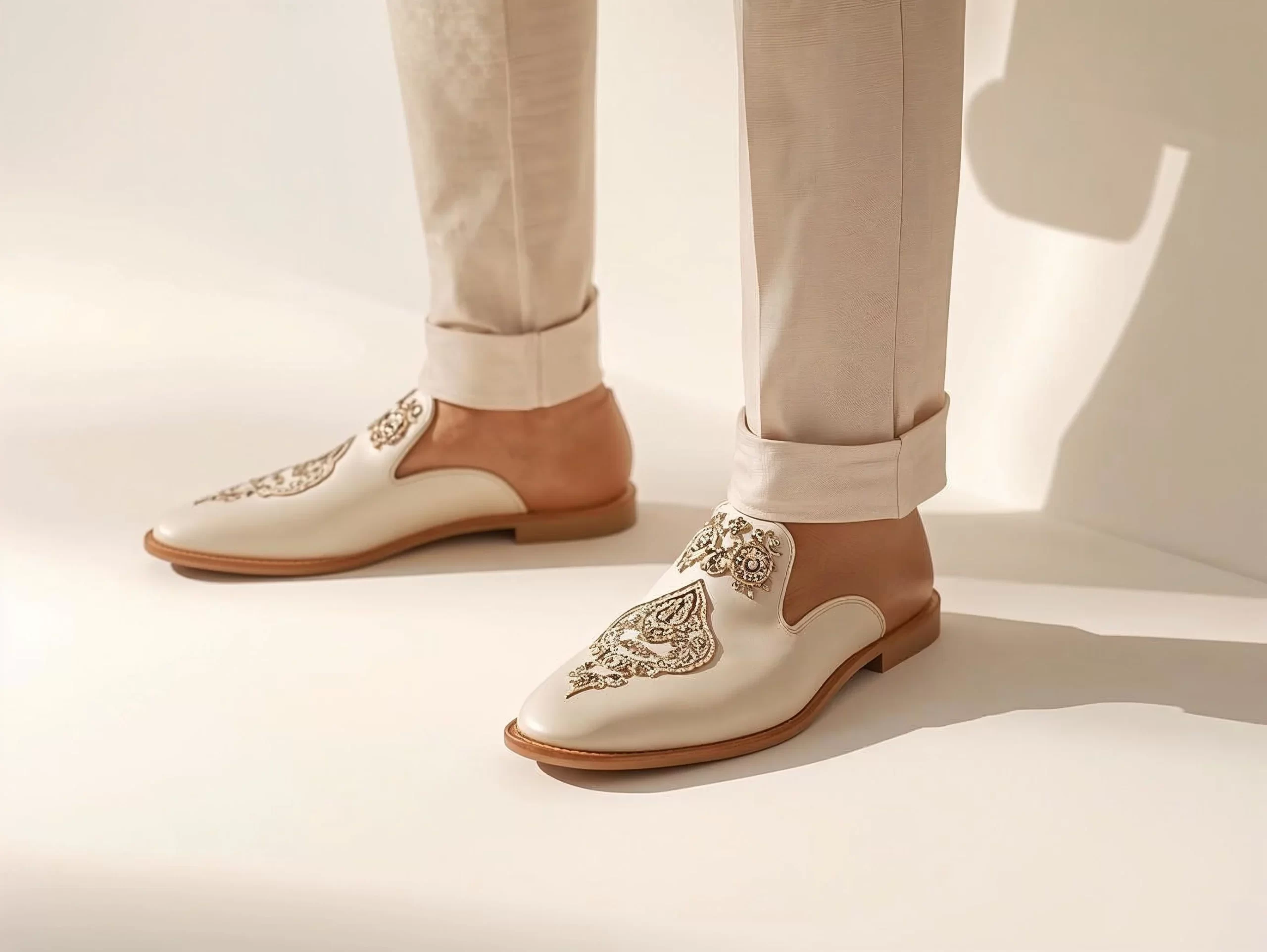 Traditional embroidered mojris juttis for men as summer wedding accessories for Indian ethnic outfits