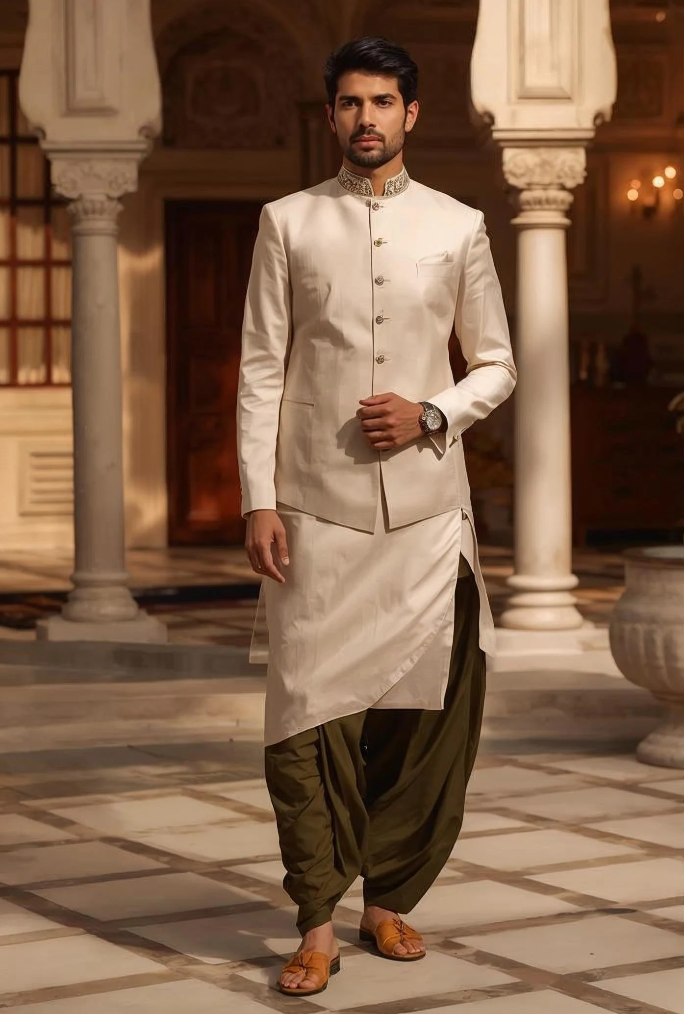 Mens ethnic wear featuring an Indo-western kurta and dhoti pants styled for an Indian wedding.