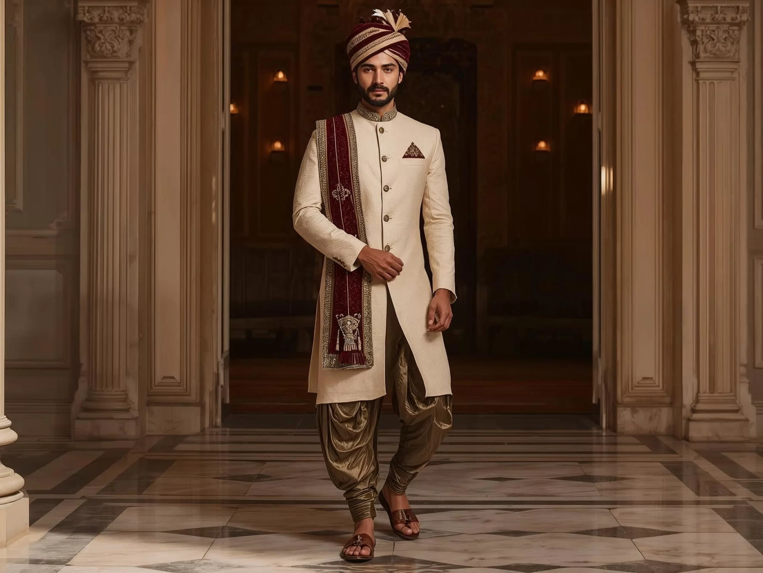 Mens ethnic wear with a traditional Indian groom dressed in a classic sherwani and matching turban.