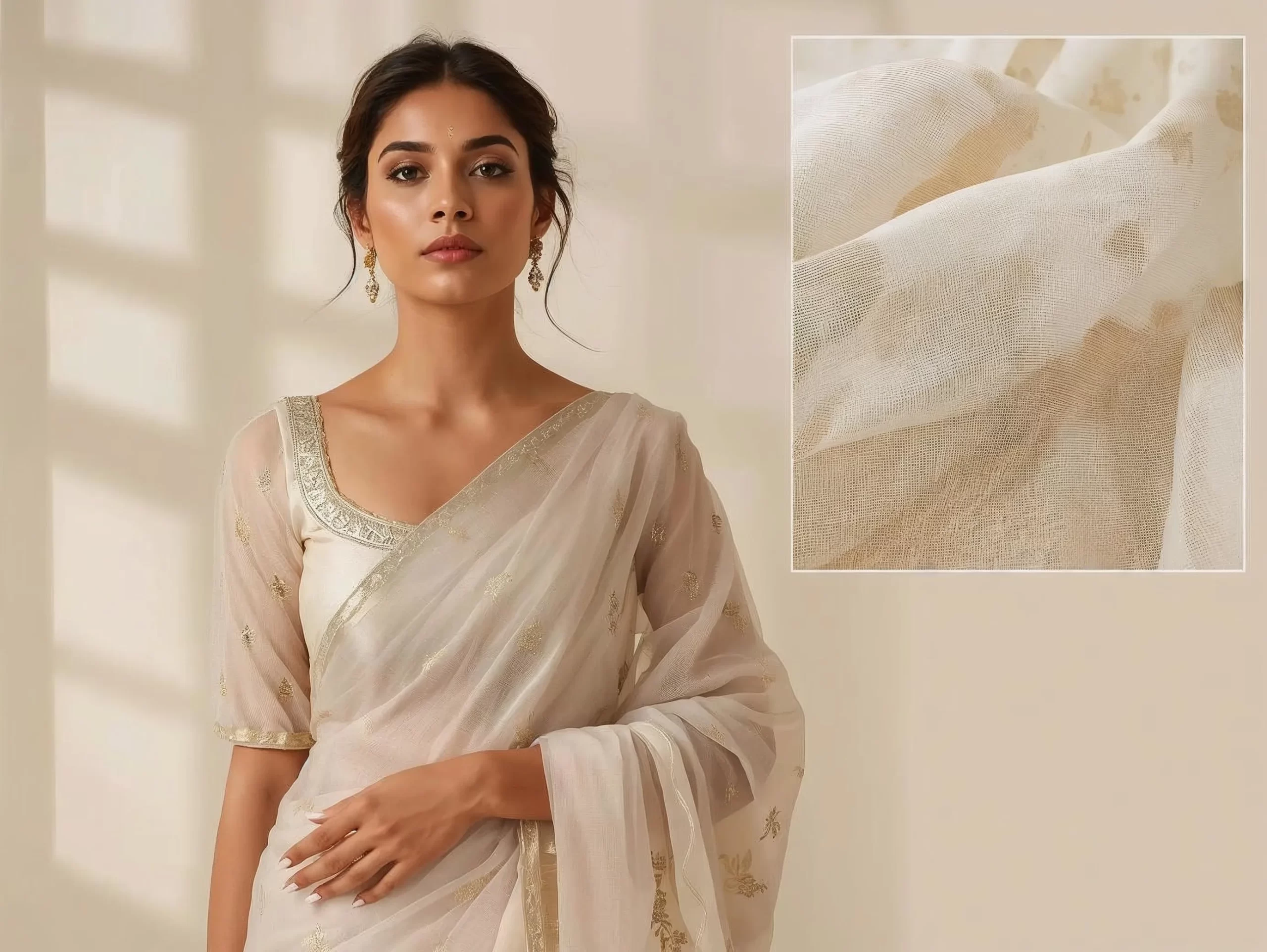 Organza silk blouse paired with ivory saree showing lightweight sheer breathable fabric and boutique tailoring