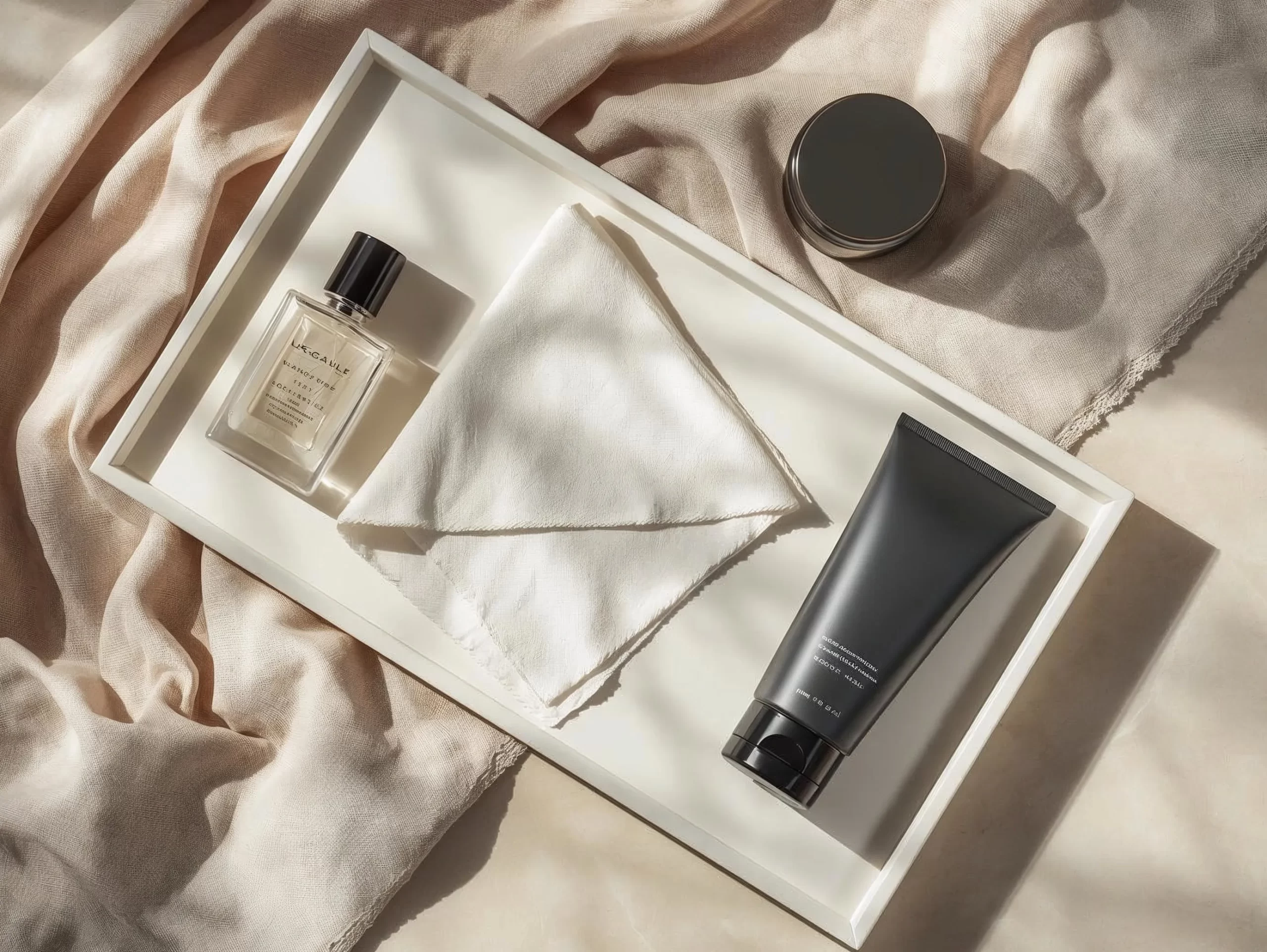 Men’s grooming essentials kit with perfume, face cream and handkerchief for summer wedding accessories for men