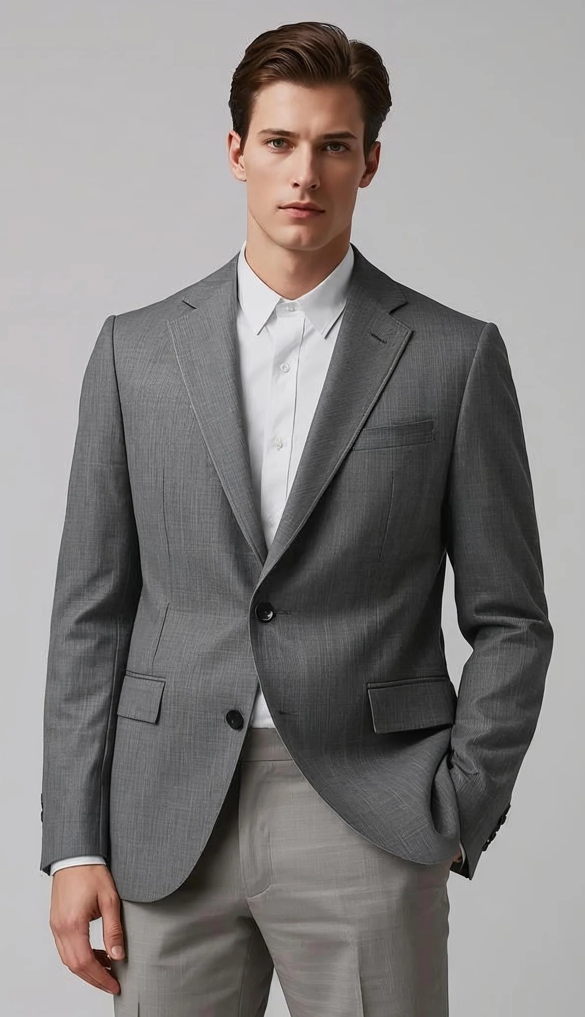 Single-breasted grey two-piece suit tailoring blazer with notch lapel and modern tailored fit for formal menswear