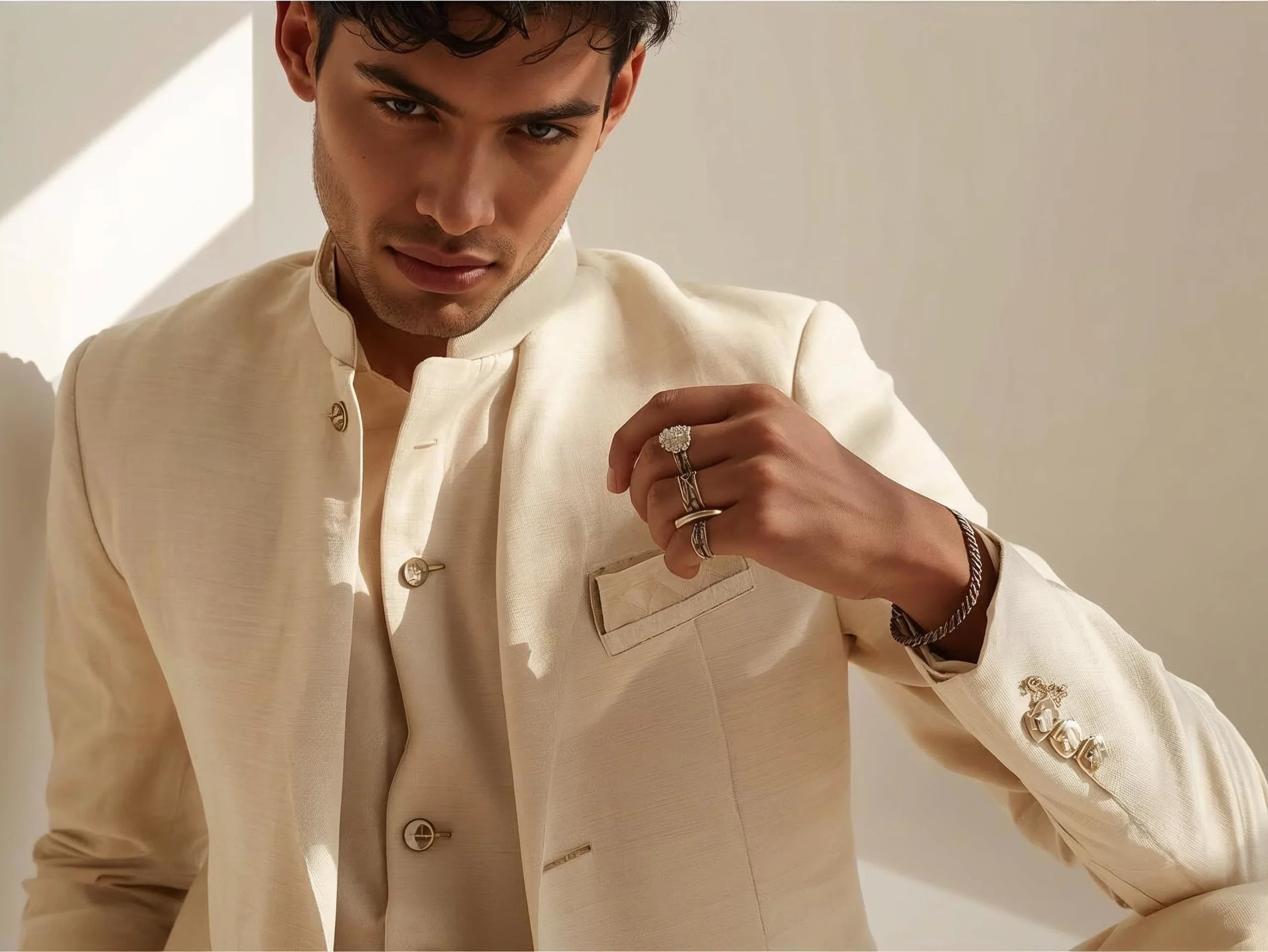Indian man wearing subtle rings and bracelet with a pastel wedding outfit for summer functions