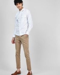 striped shirt and khaki trousers