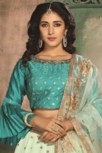 Embellished-Blue-pleated-Bell-sleeves-blouse-for-lehenga